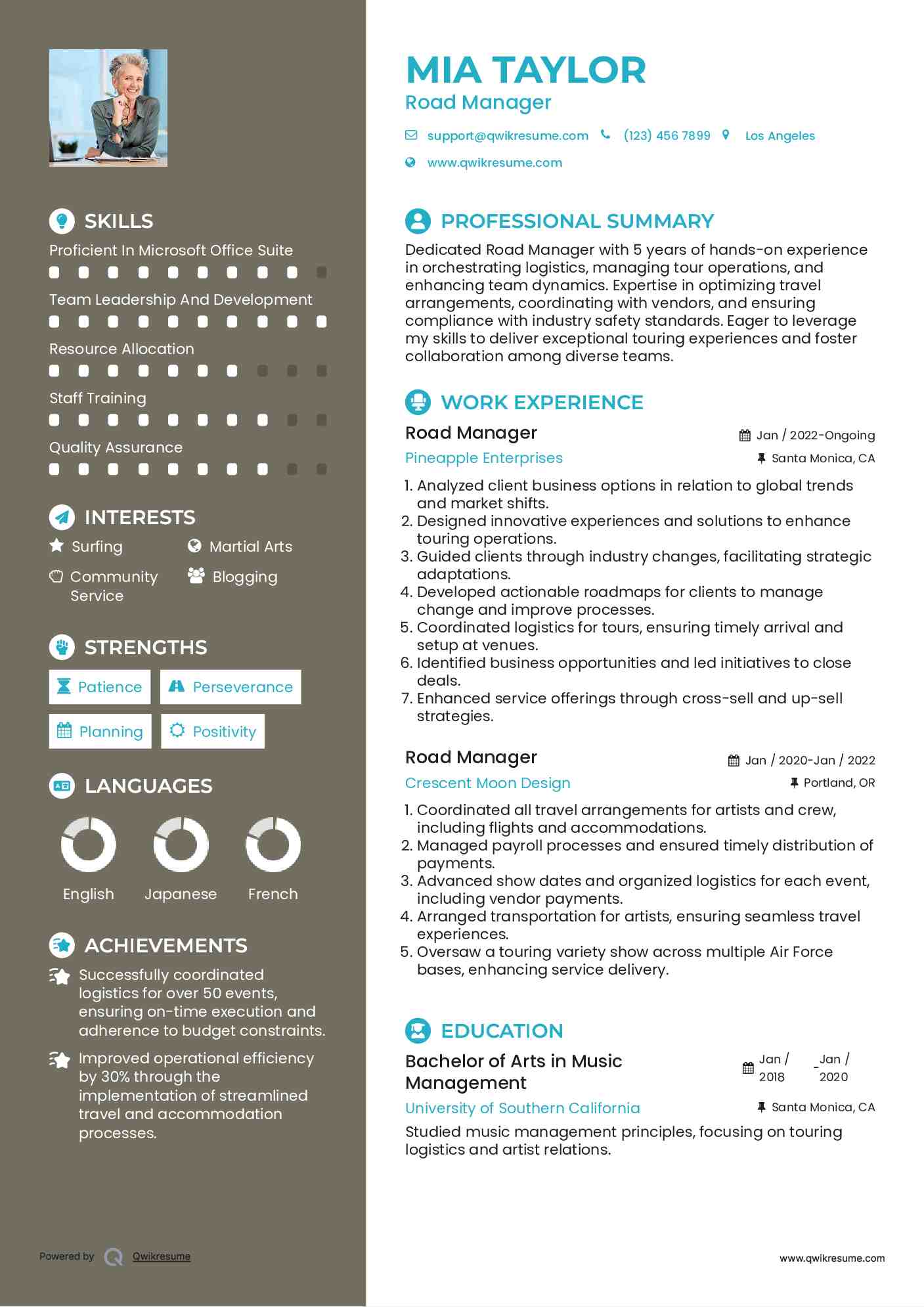 Road Manager Resume Format