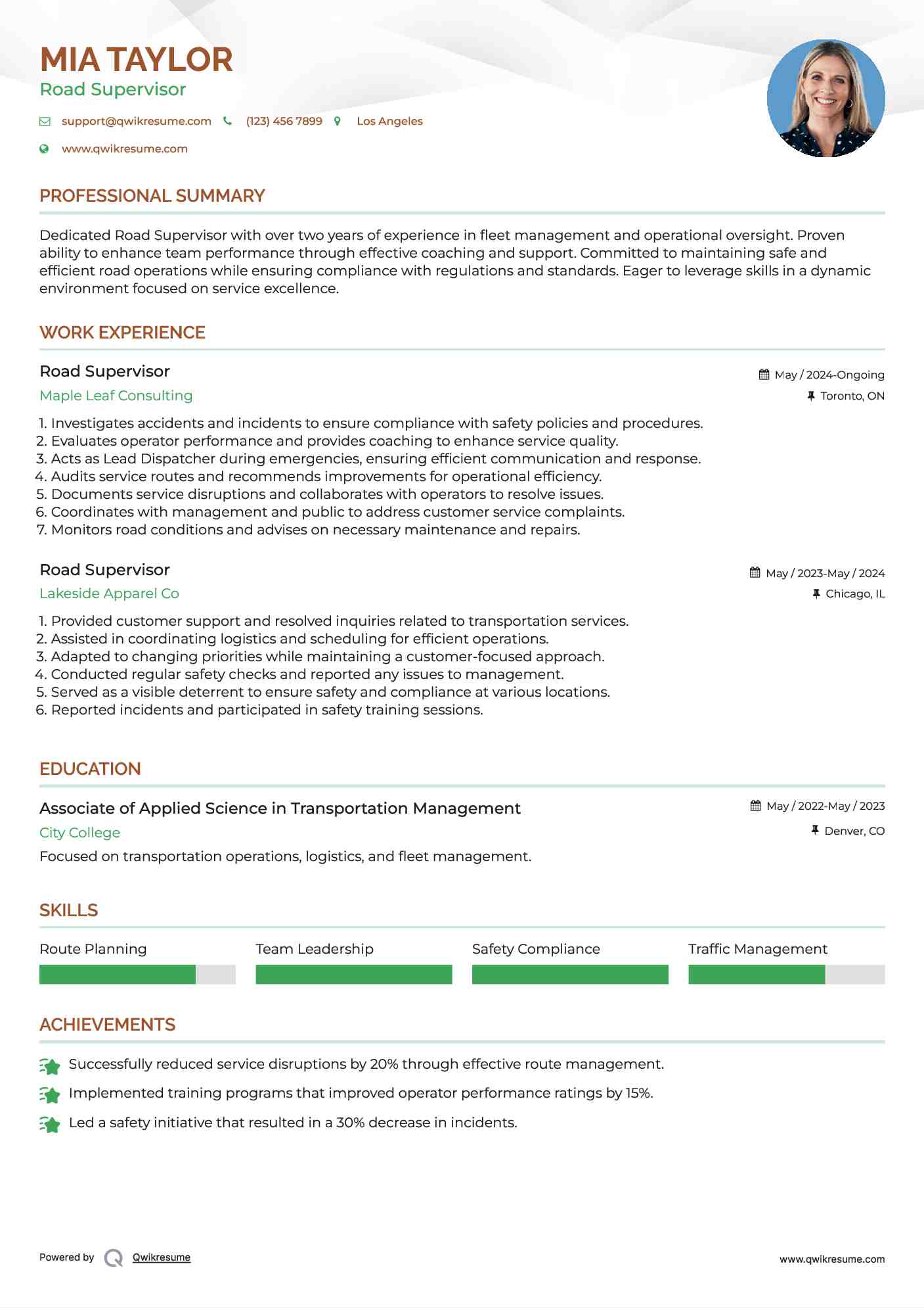 Road Supervisor Resume Example