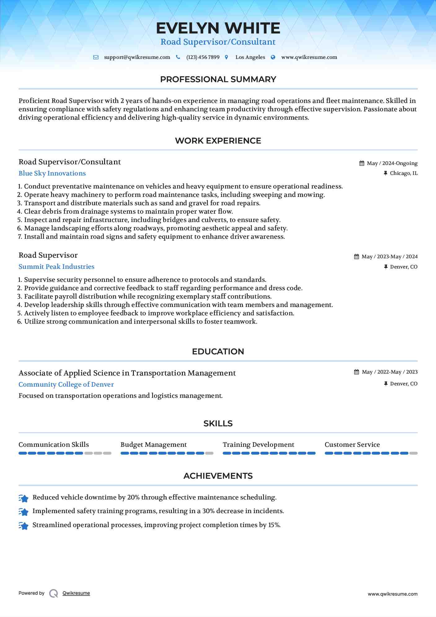 Road Supervisor/Consultant Resume Model