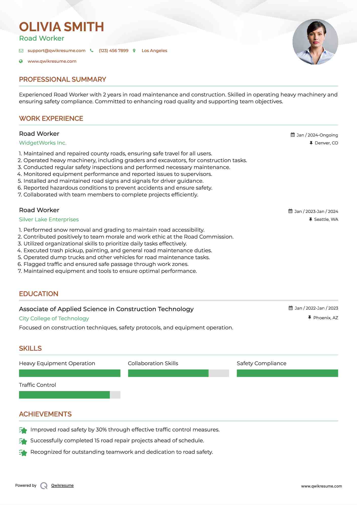 Road Worker Resume Sample