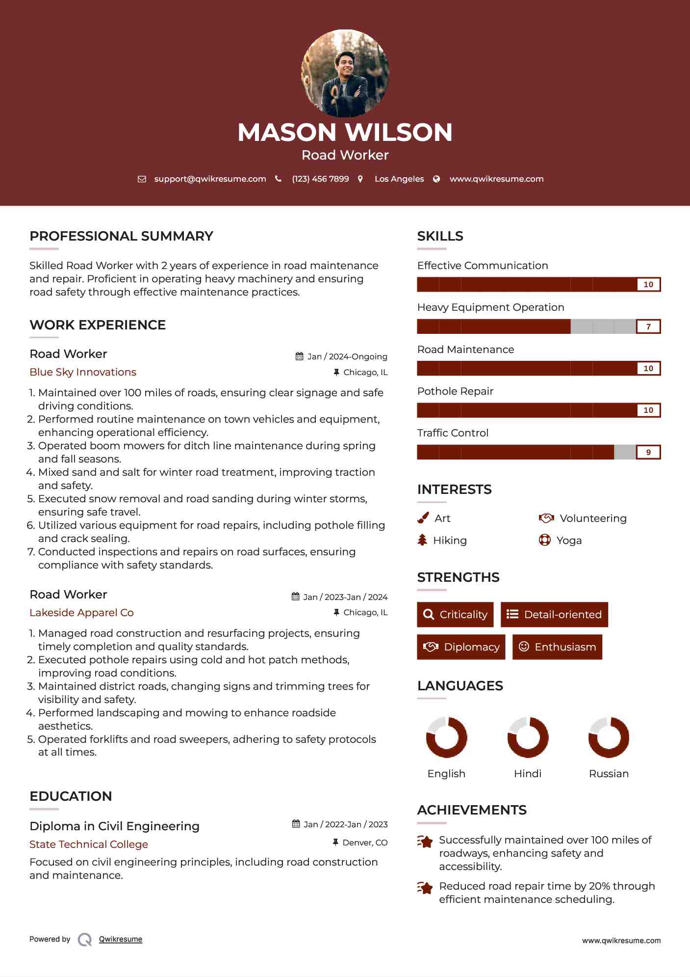 Road Worker Resume Example