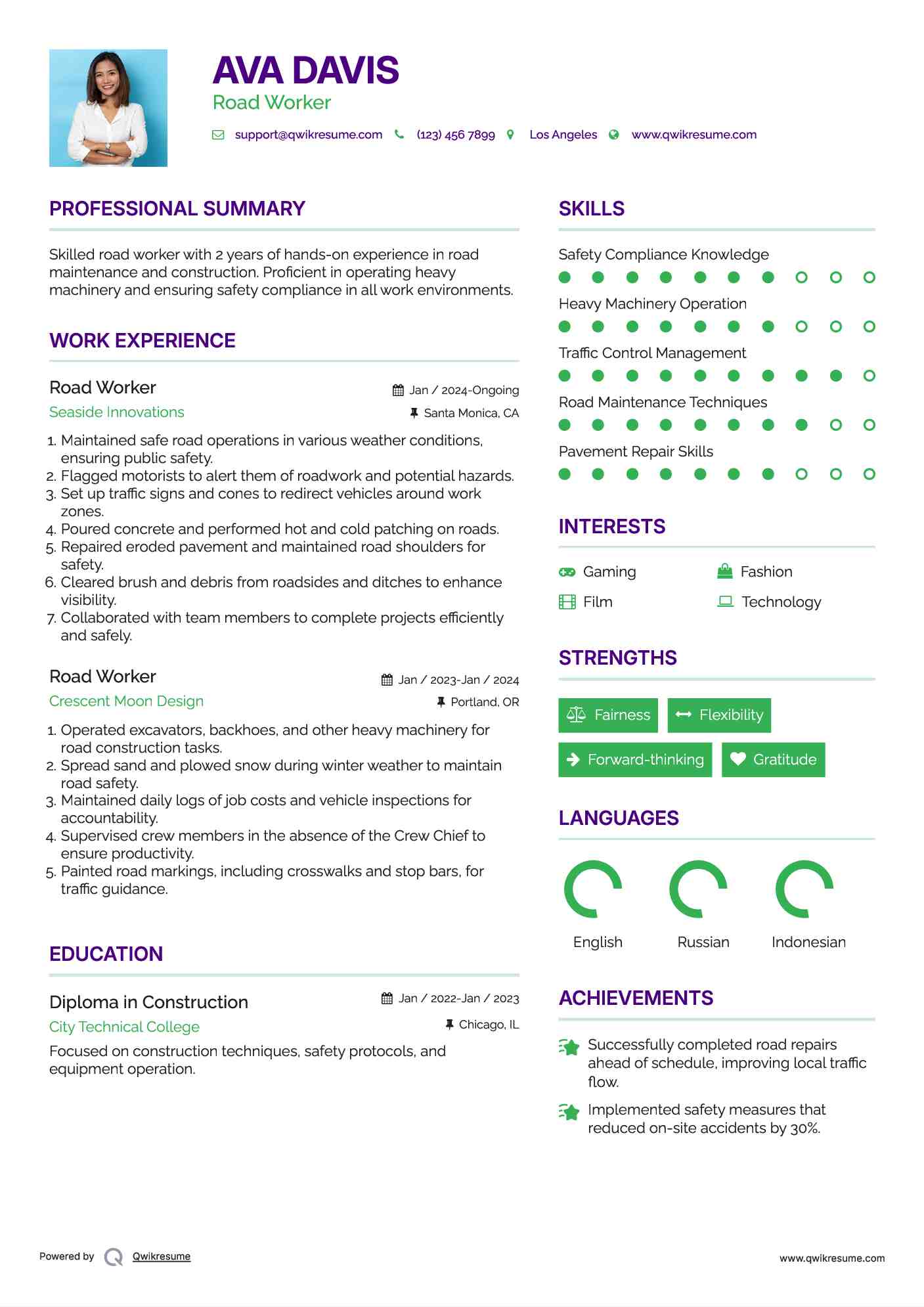 Road Worker Resume Template