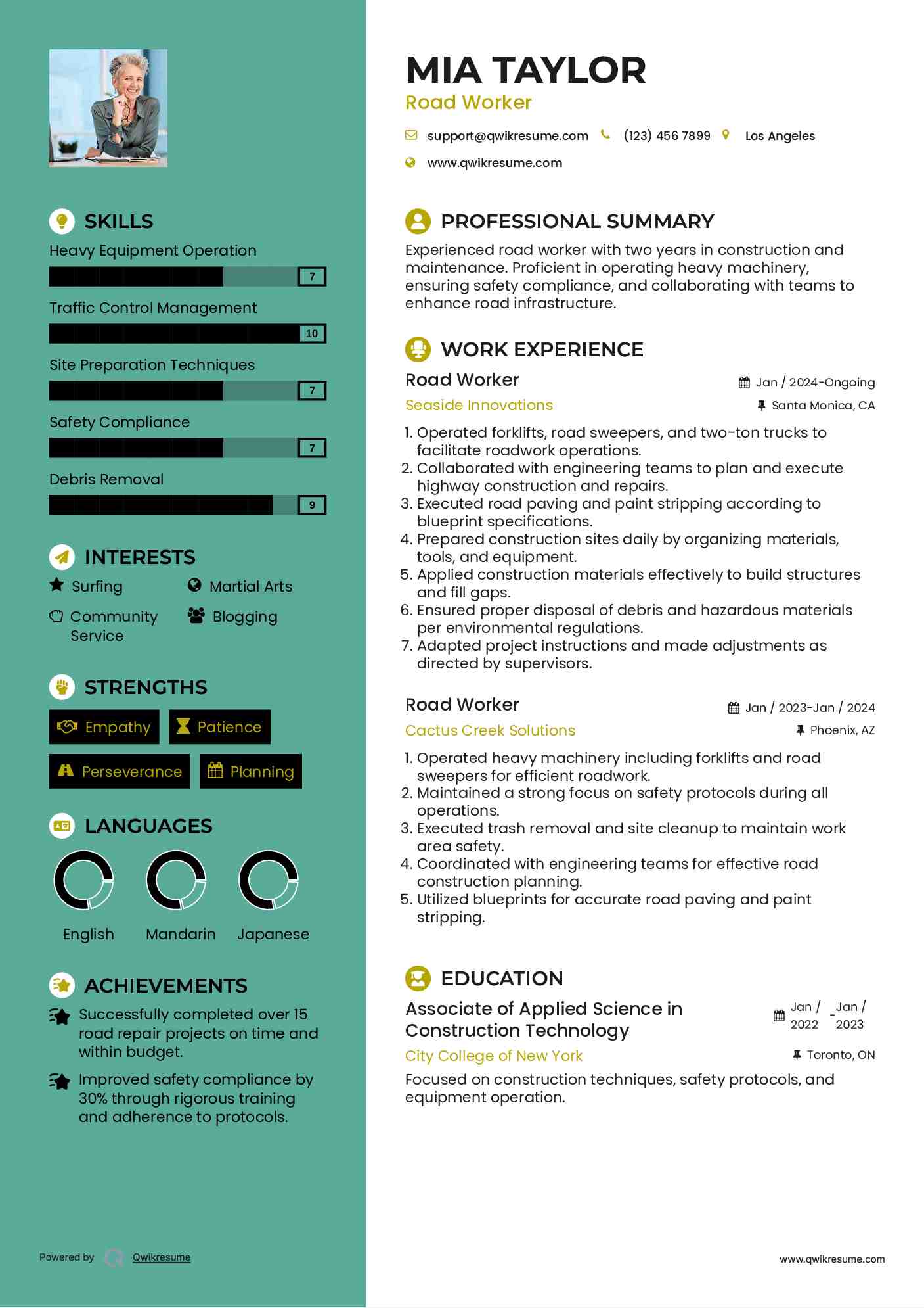 Road Worker Resume Example