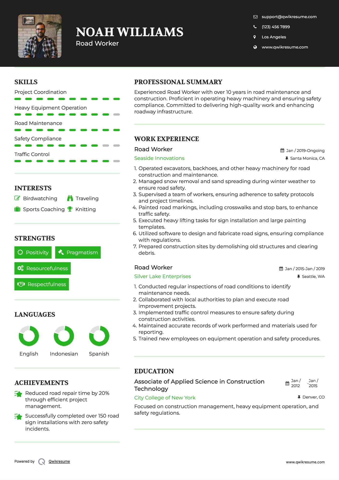 Road Worker Resume Example