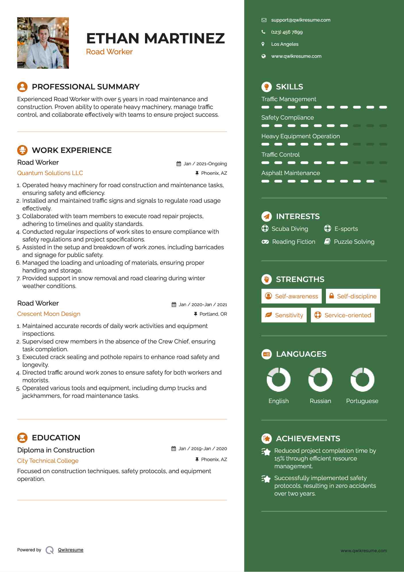 Road Worker Resume Example