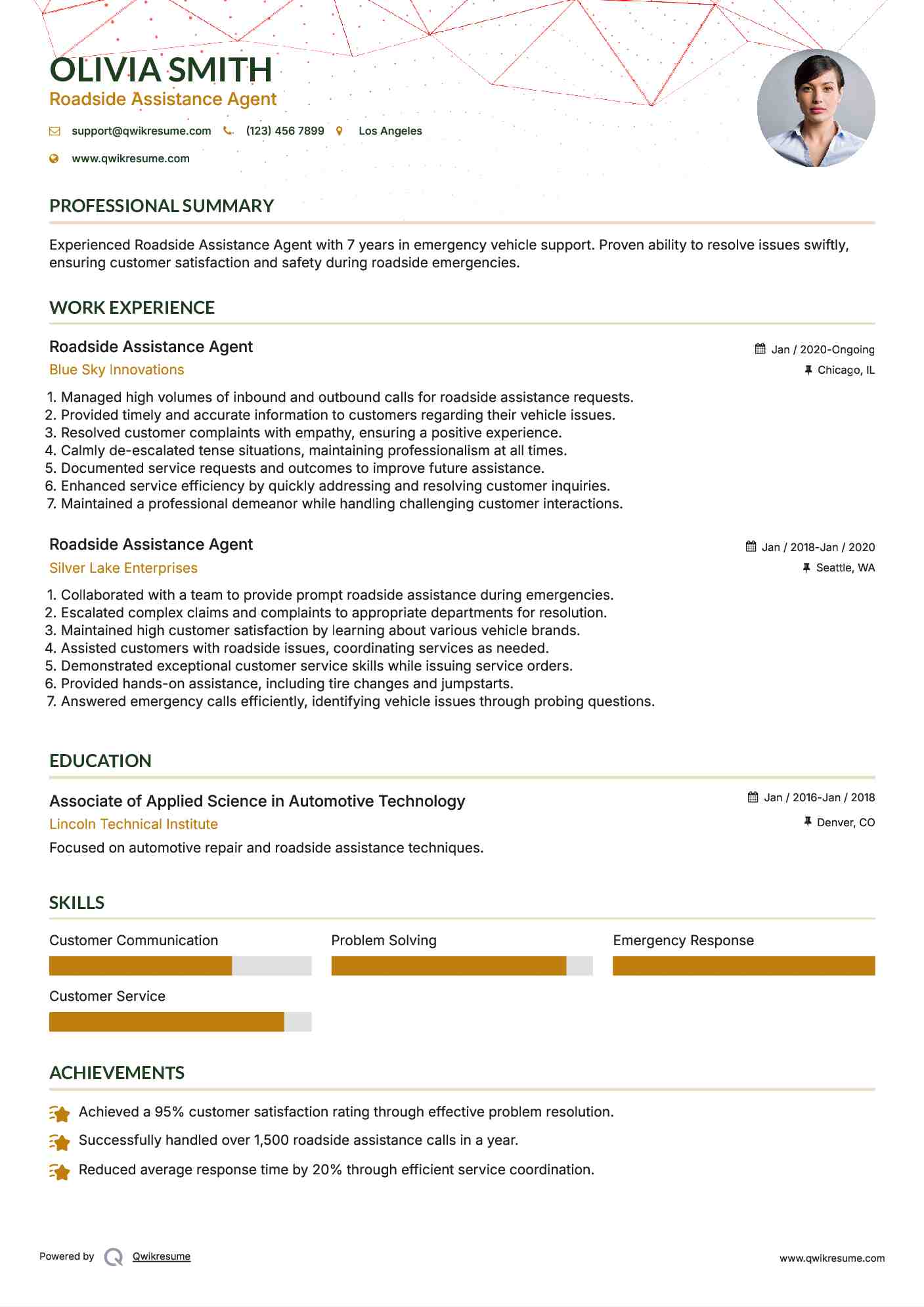Roadside Assistance Agent Resume Format
