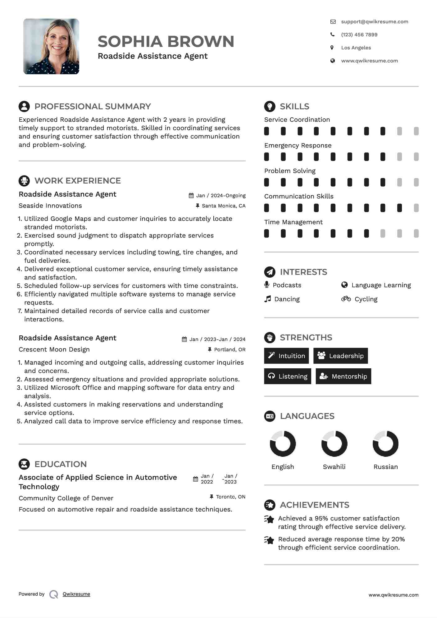 Roadside Assistance Agent Resume Format