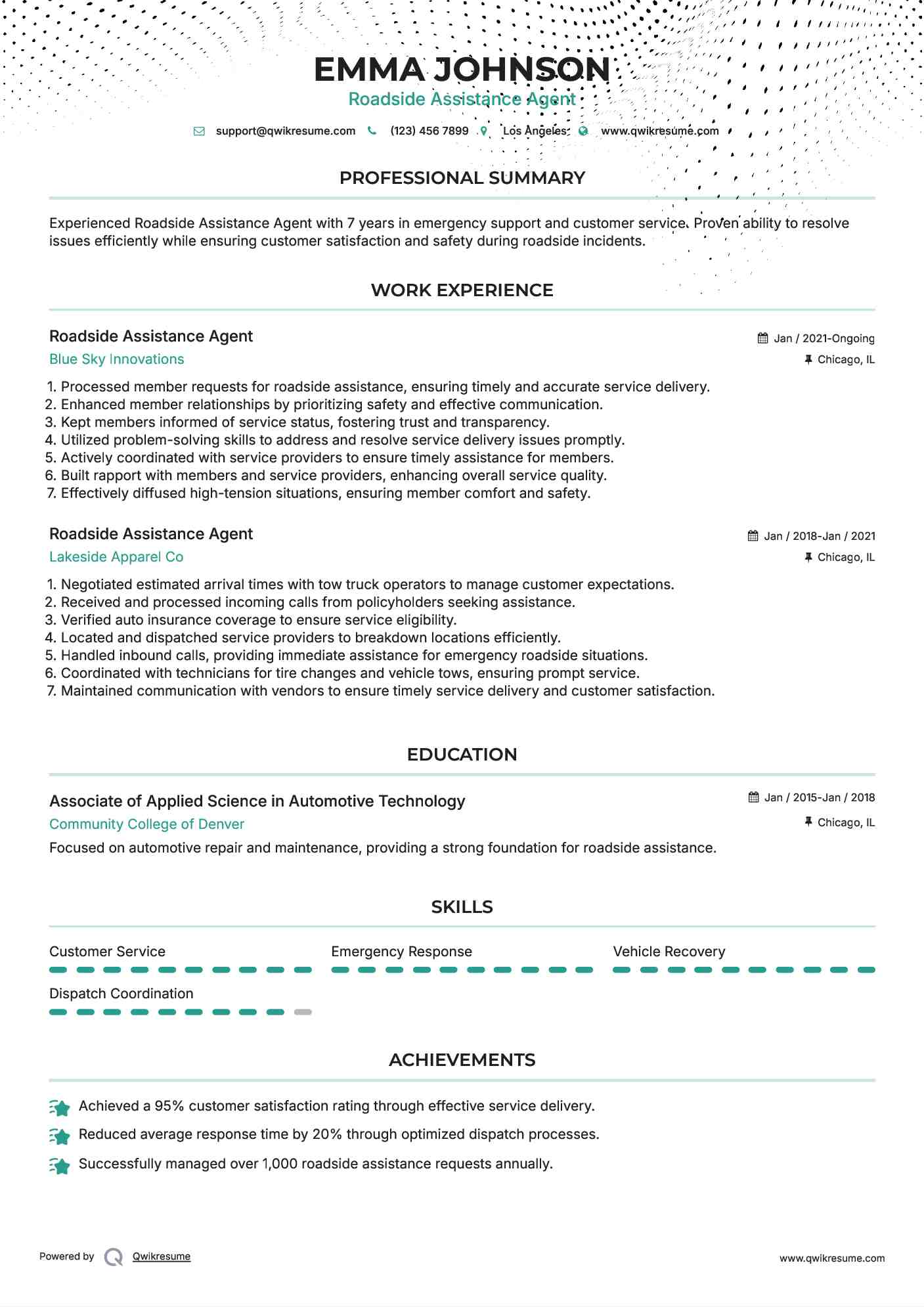 Roadside Assistance Agent Resume Sample