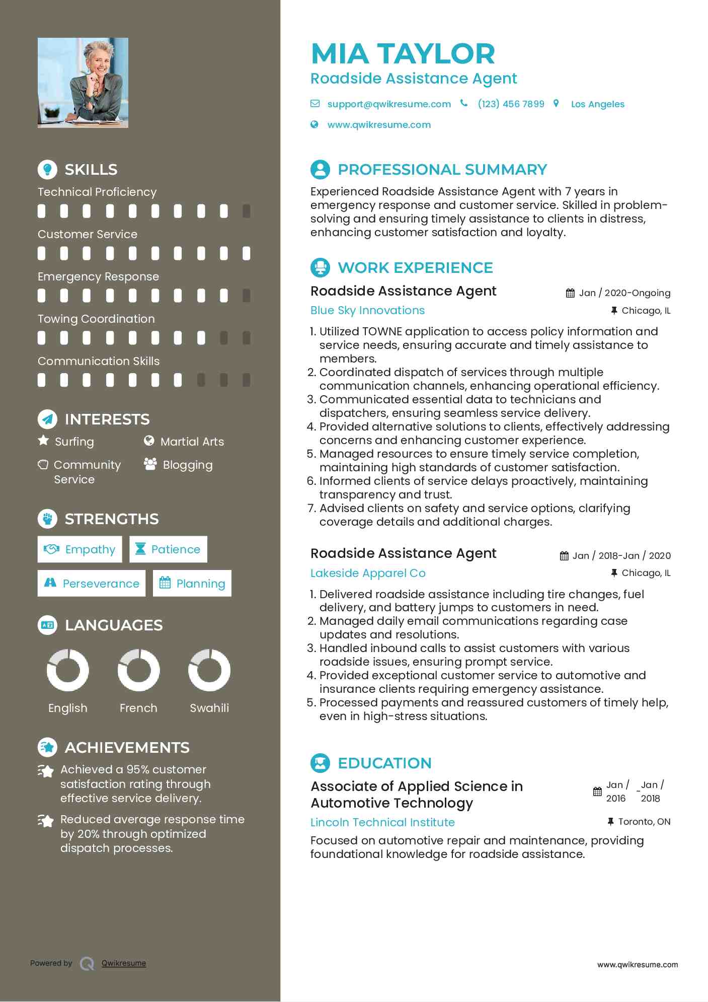 Roadside Assistance Agent Resume Template