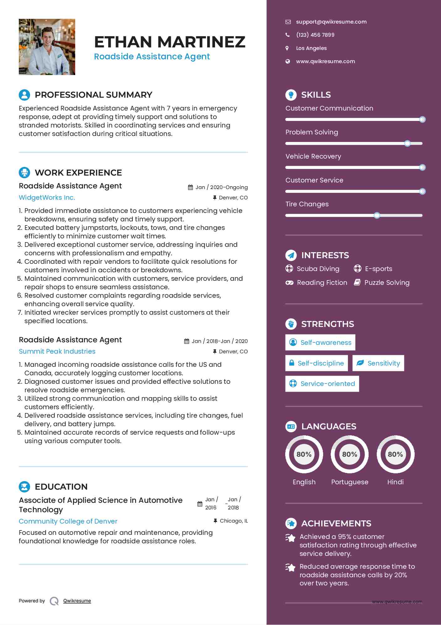 Roadside Assistance Agent Resume Example