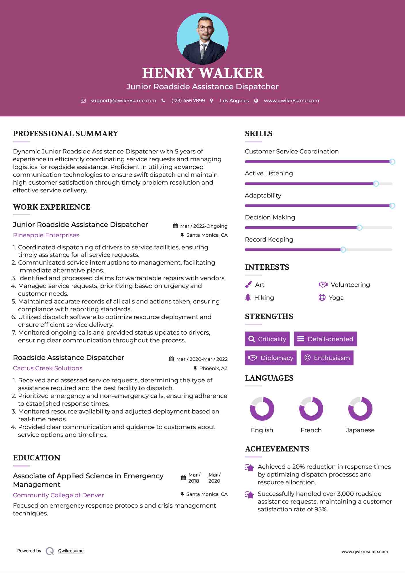 Junior Roadside Assistance Dispatcher Resume Format