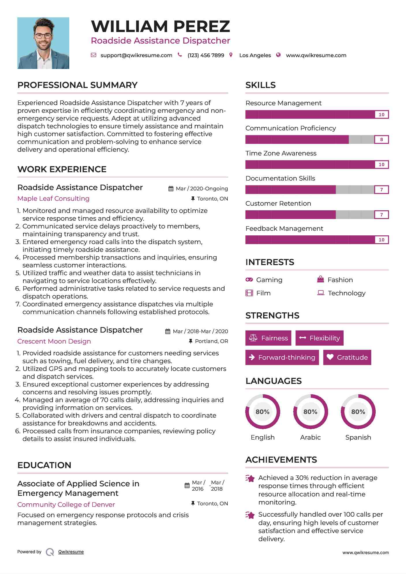 Roadside Assistance Dispatcher Resume Model