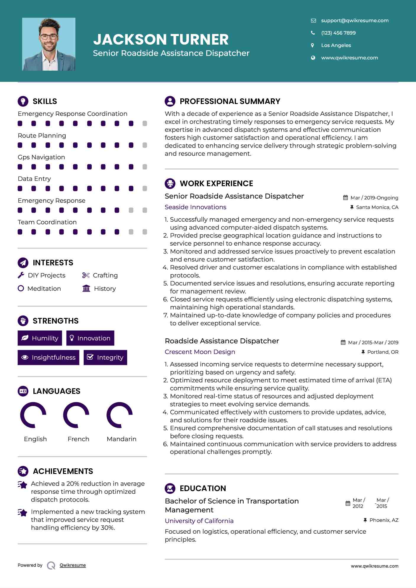 Senior Roadside Assistance Dispatcher Resume Format