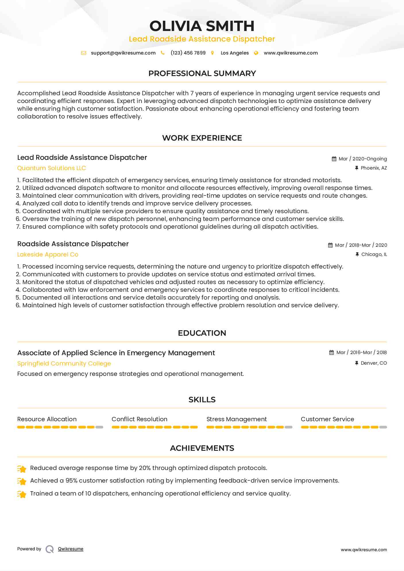 Lead Roadside Assistance Dispatcher Resume Template
