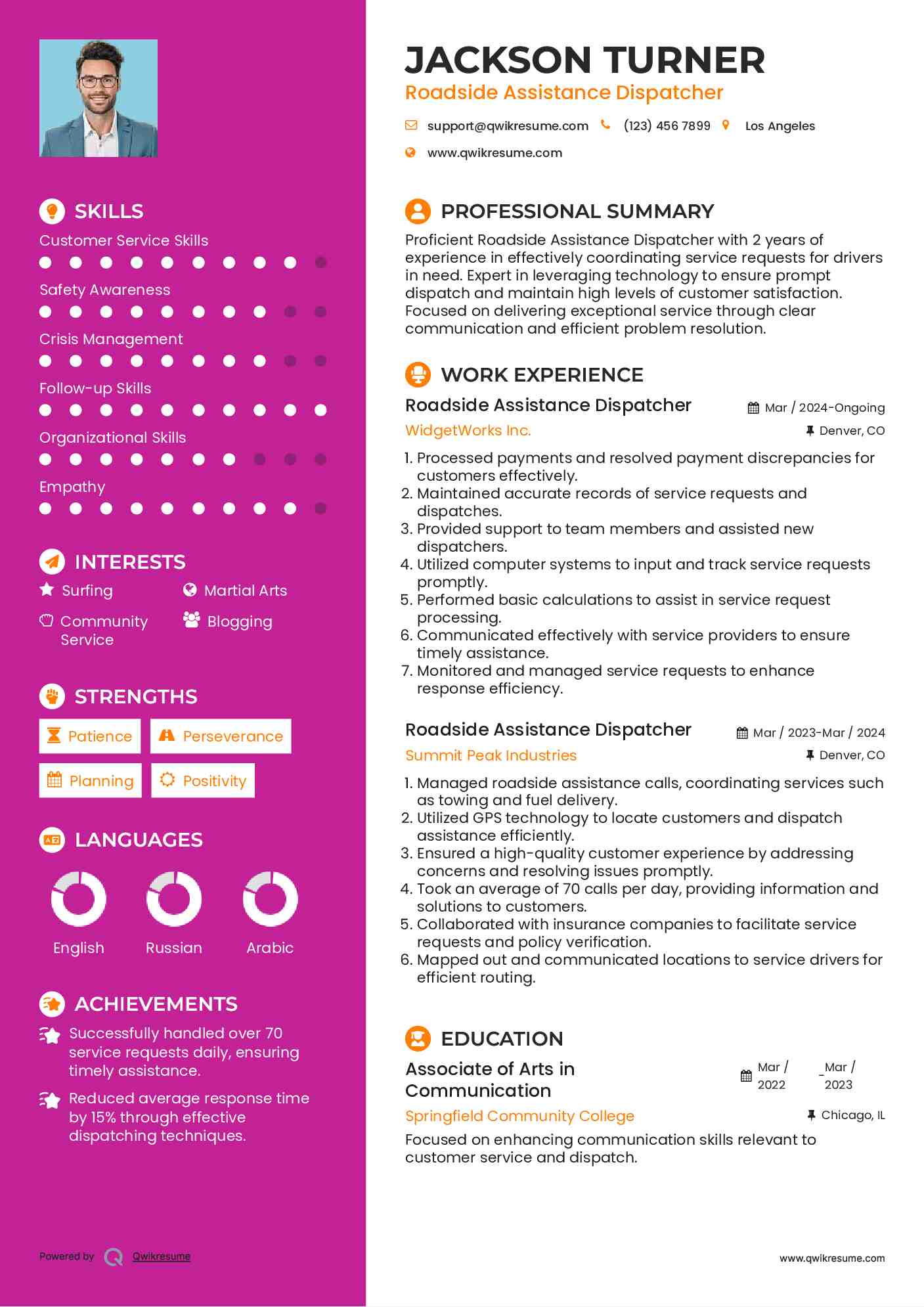 Roadside Assistance Dispatcher Resume Format
