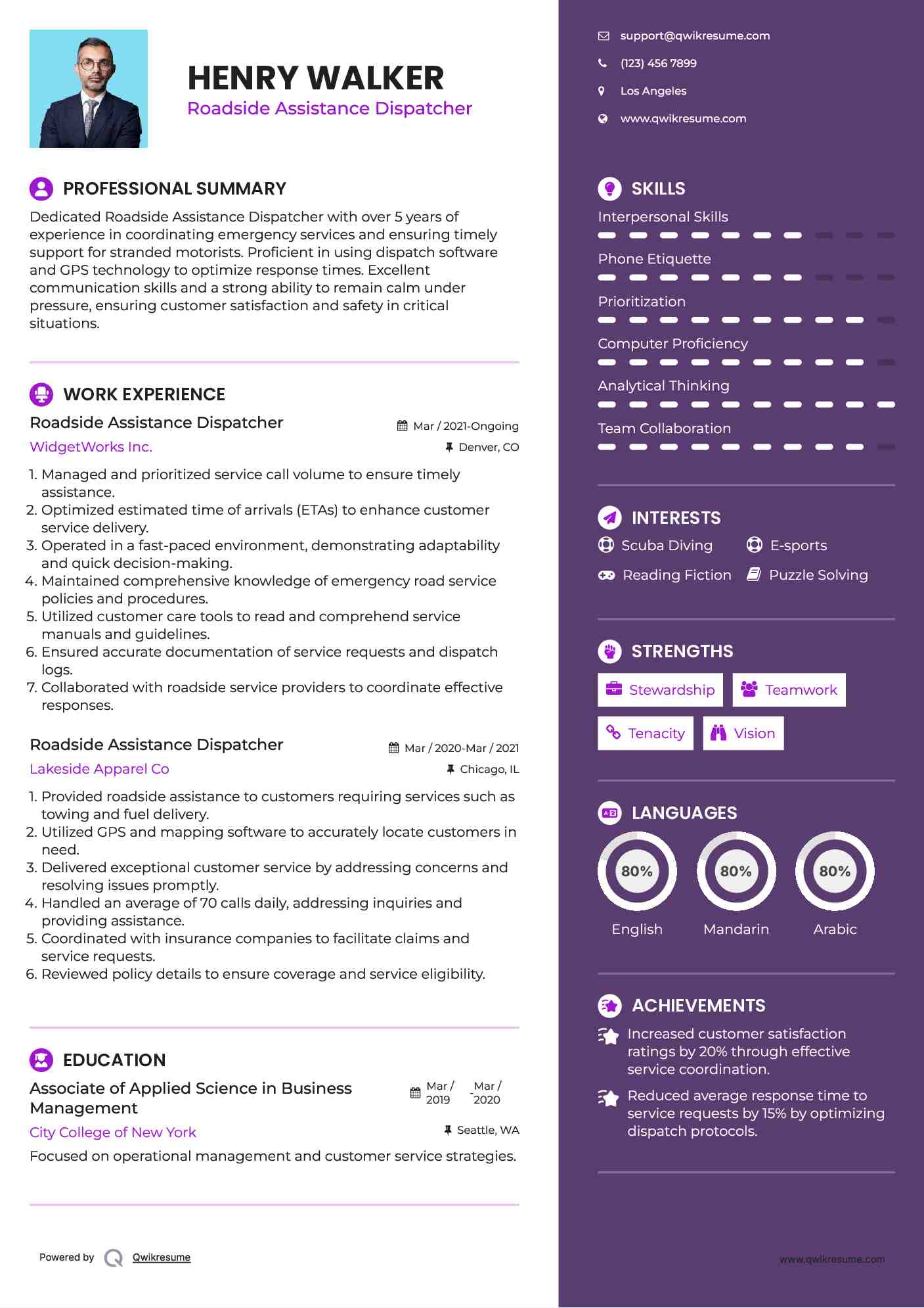 Roadside Assistance Dispatcher Resume Example