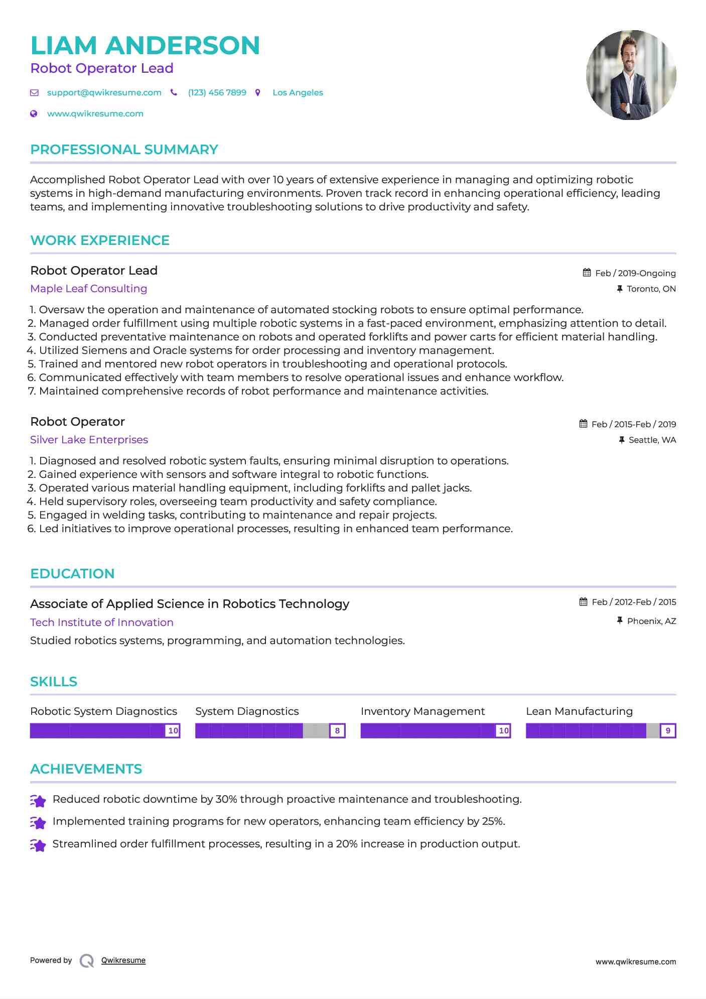 Robot Operator Lead Resume Model