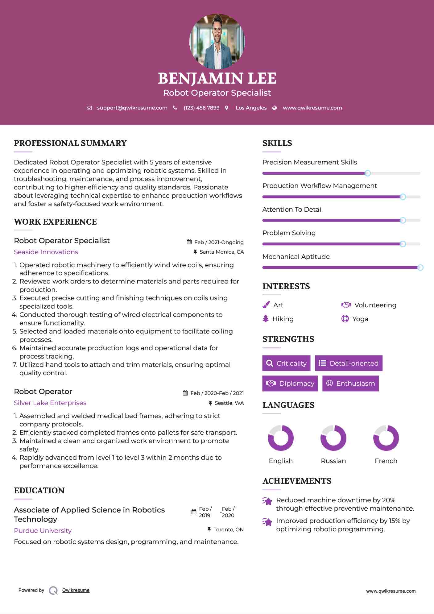 Robot Operator Specialist Resume Template