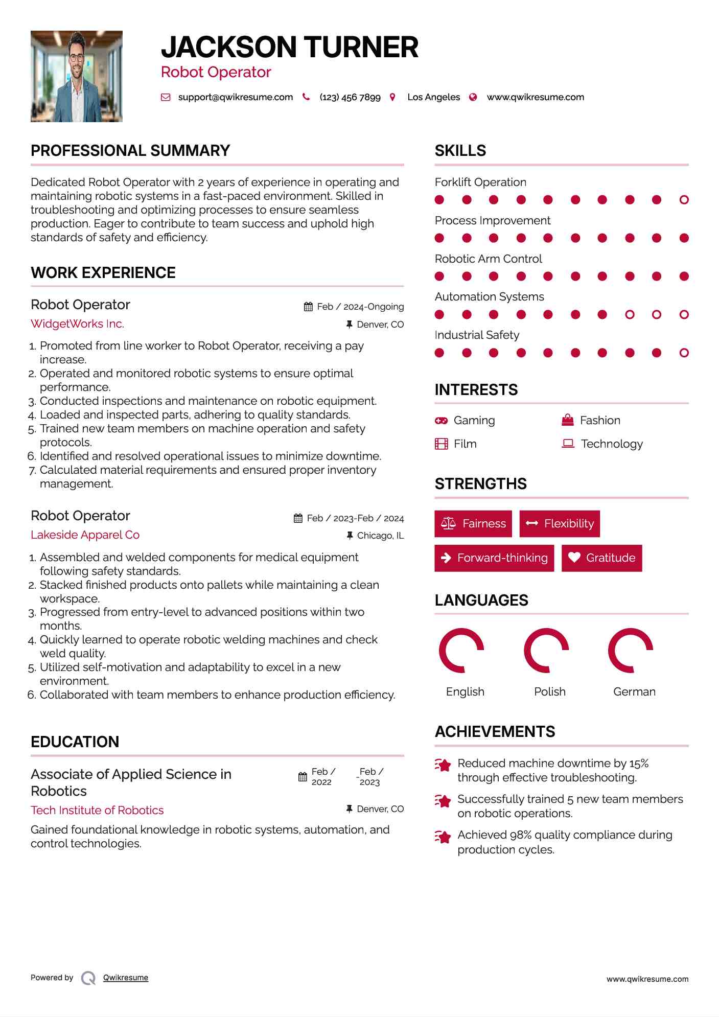 Robot Operator Resume Format