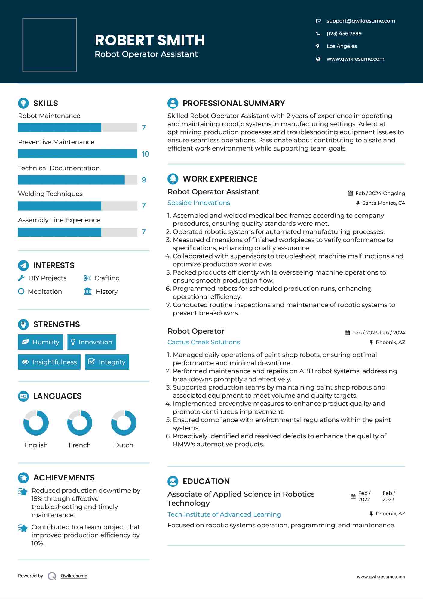Robot Operator Assistant Resume Format