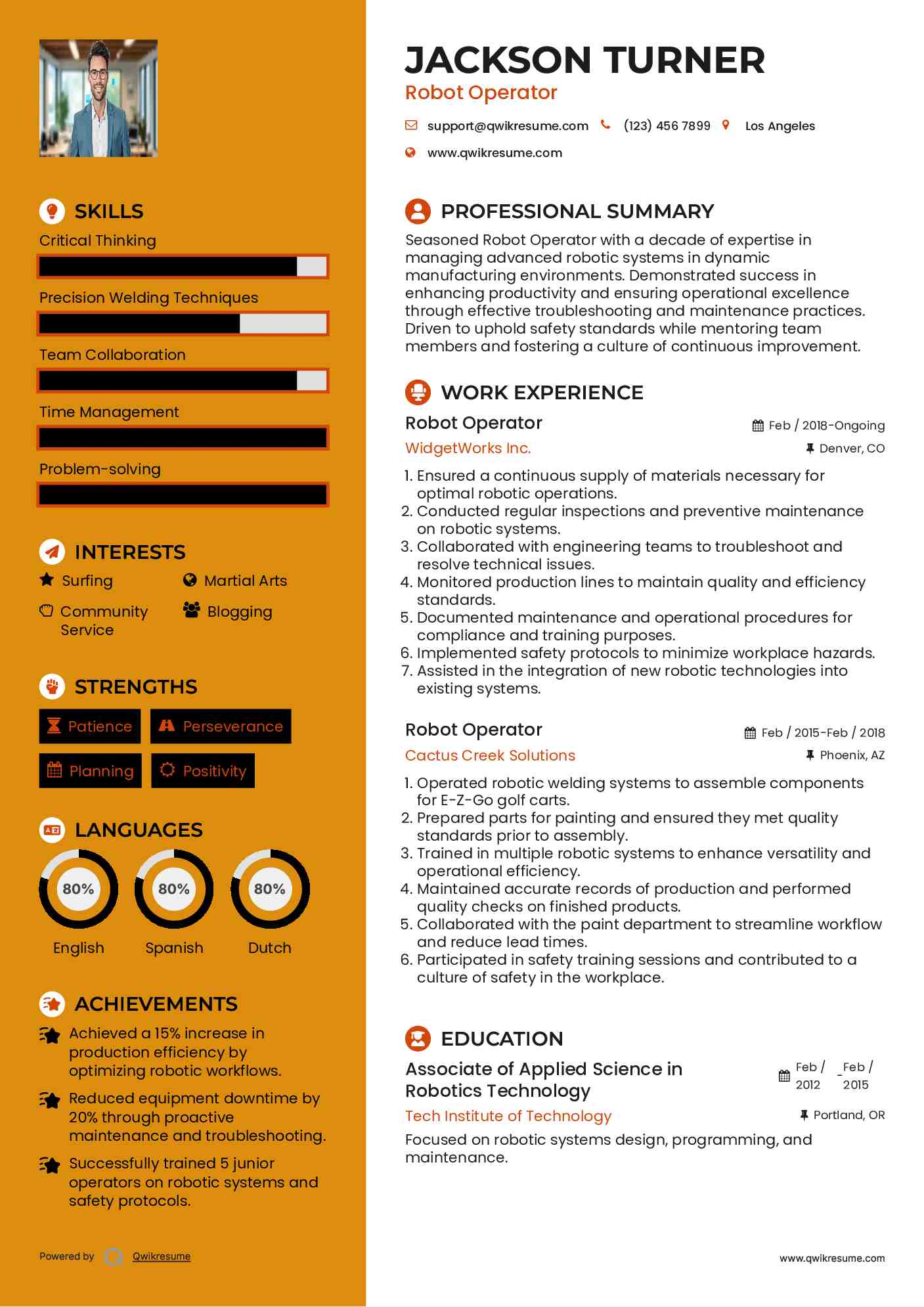 Robot Operator Resume Example