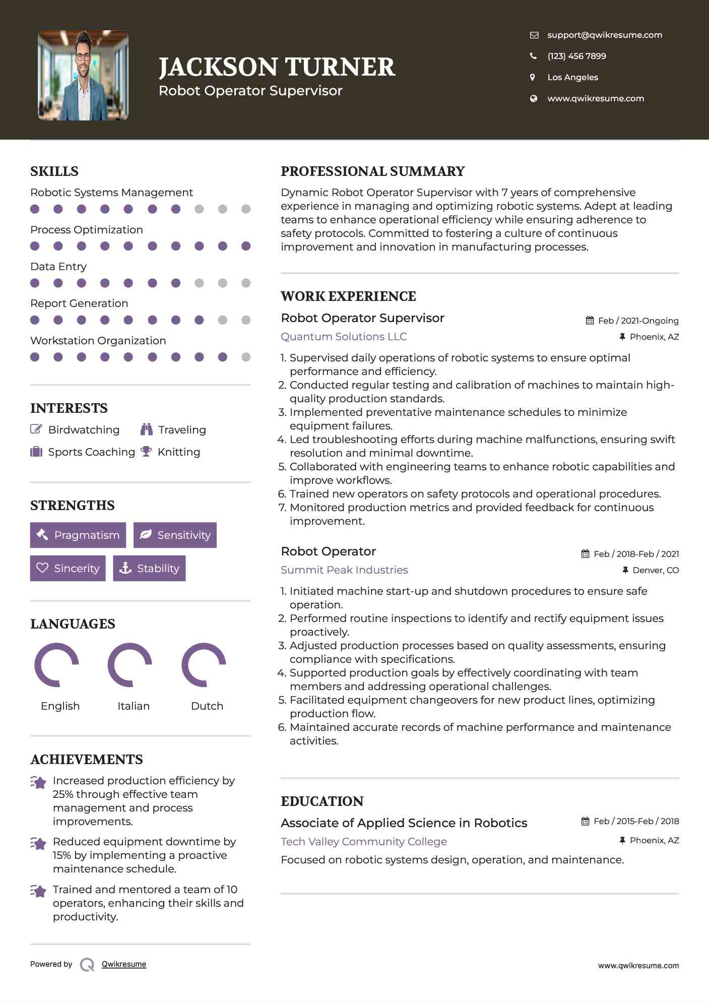 Robot Operator Supervisor Resume Model