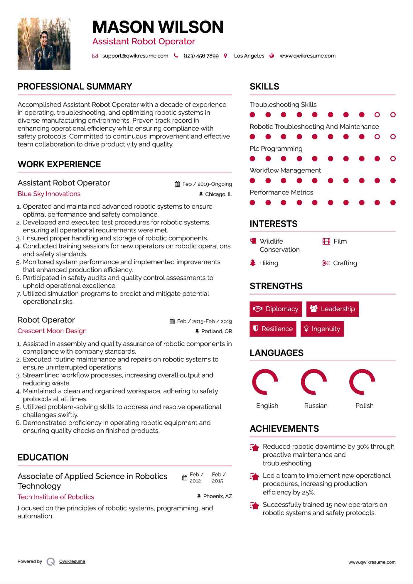 Assistant Robot Operator Resume Sample