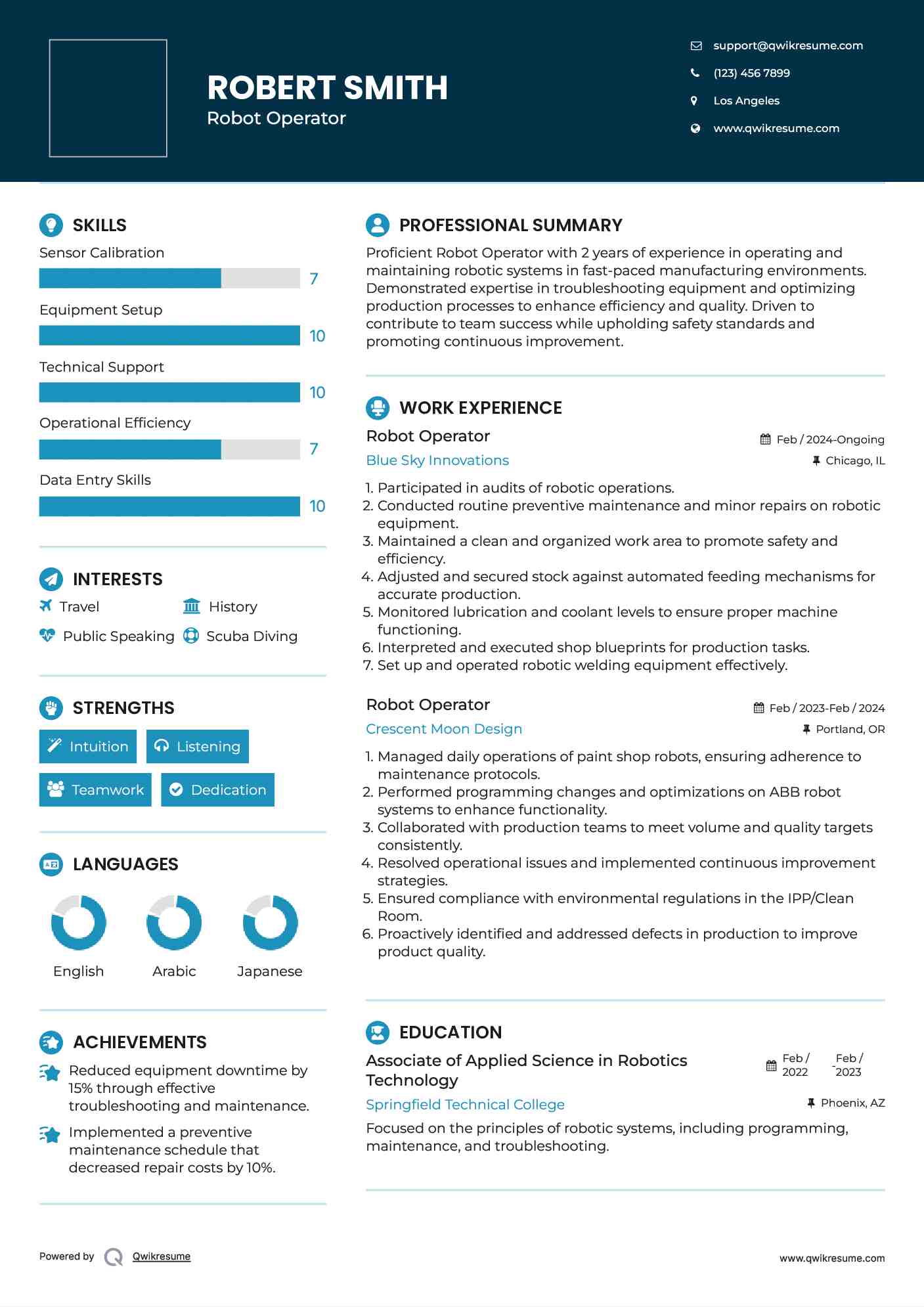 Robot Operator Resume Example
