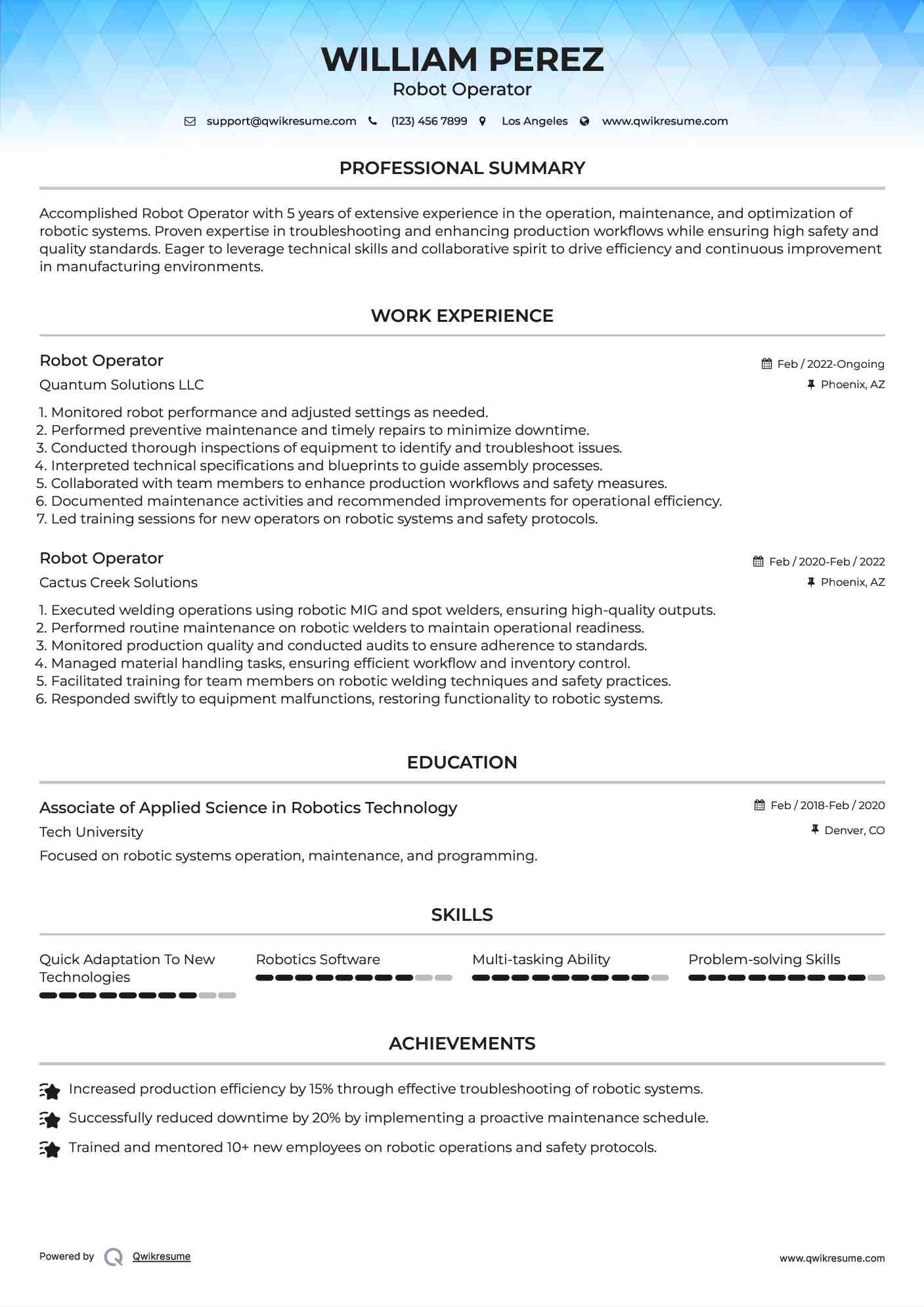 Robot Operator Resume Example