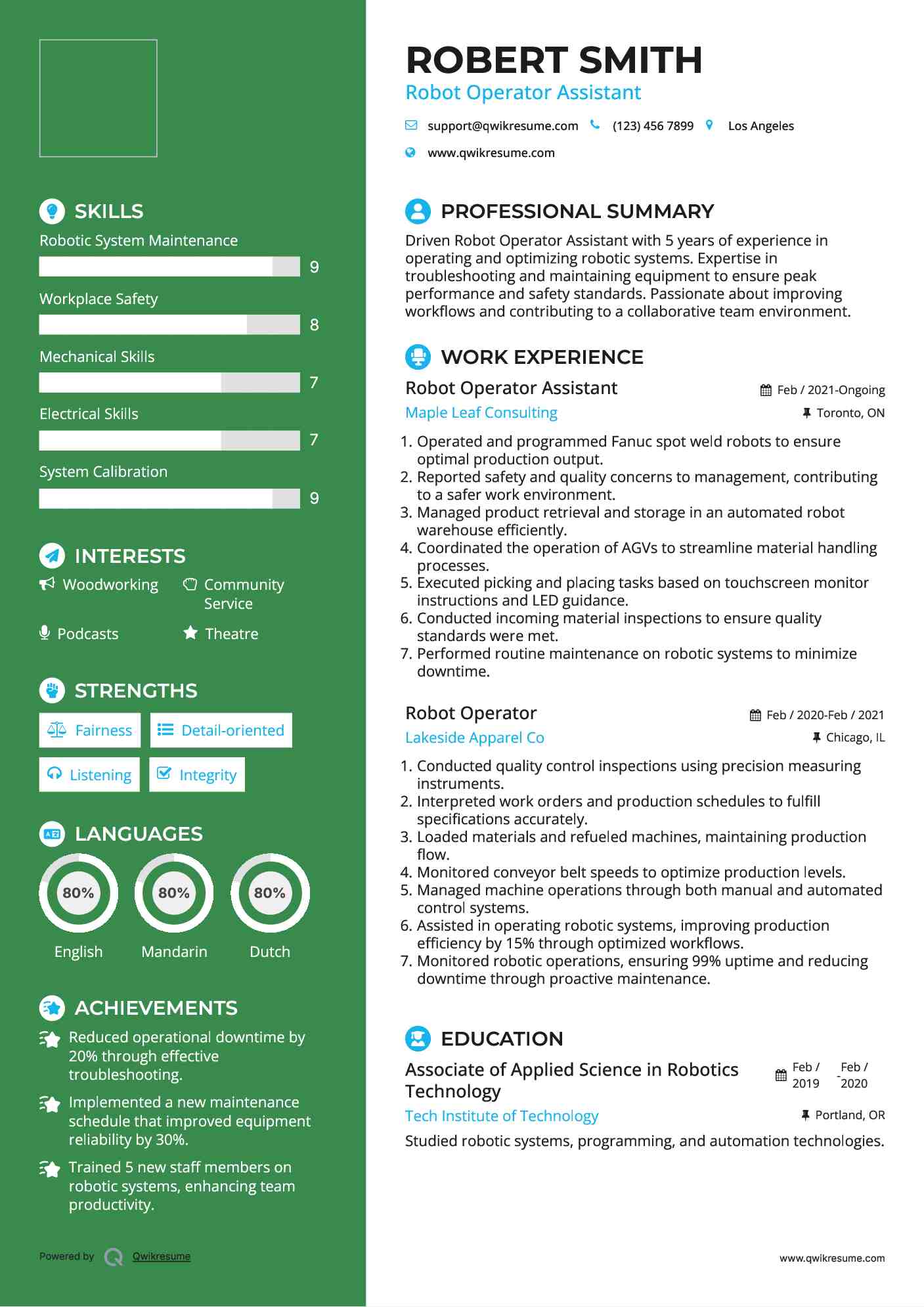 Robot Operator Assistant Resume Sample