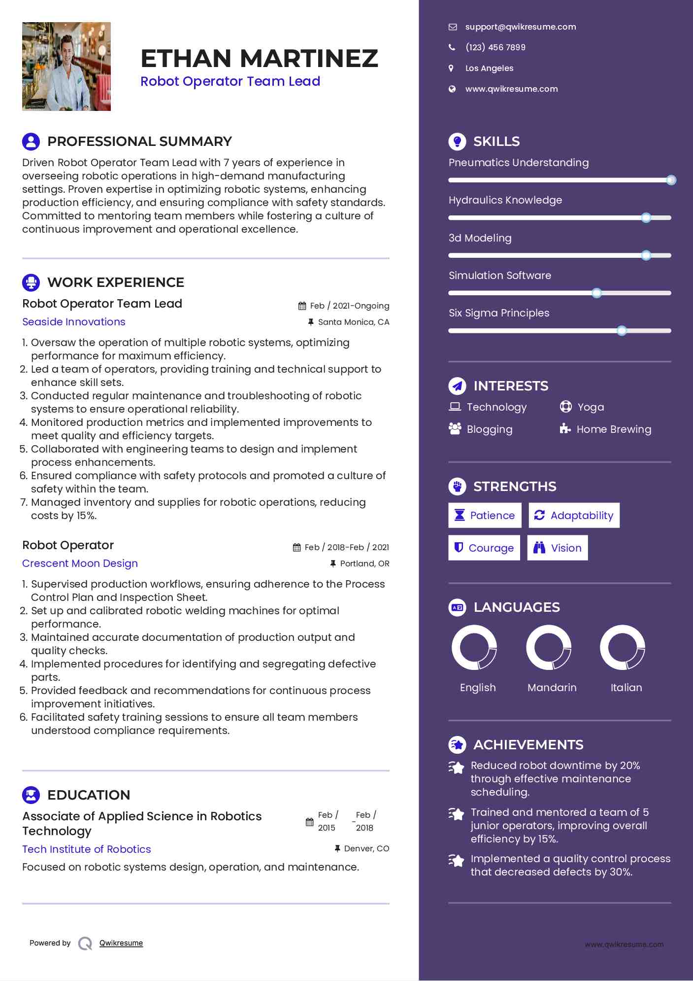 Robot Operator Team Lead Resume Template
