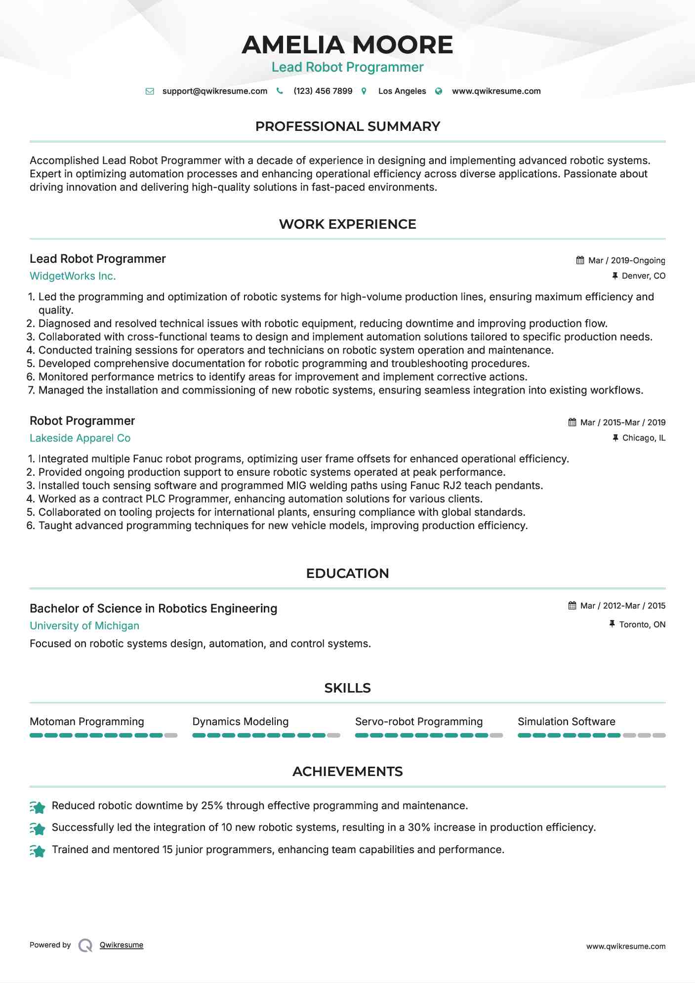 Lead Robot Programmer Resume Example