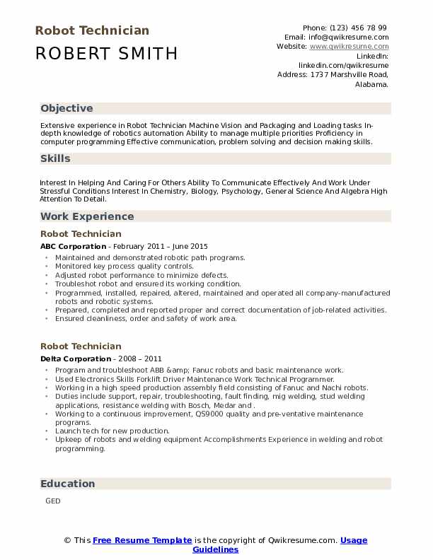 Robot Technician Resume Samples QwikResume