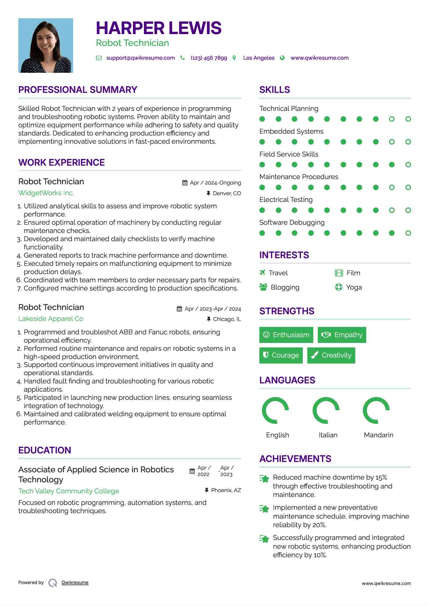 Robot Technician Resume Sample