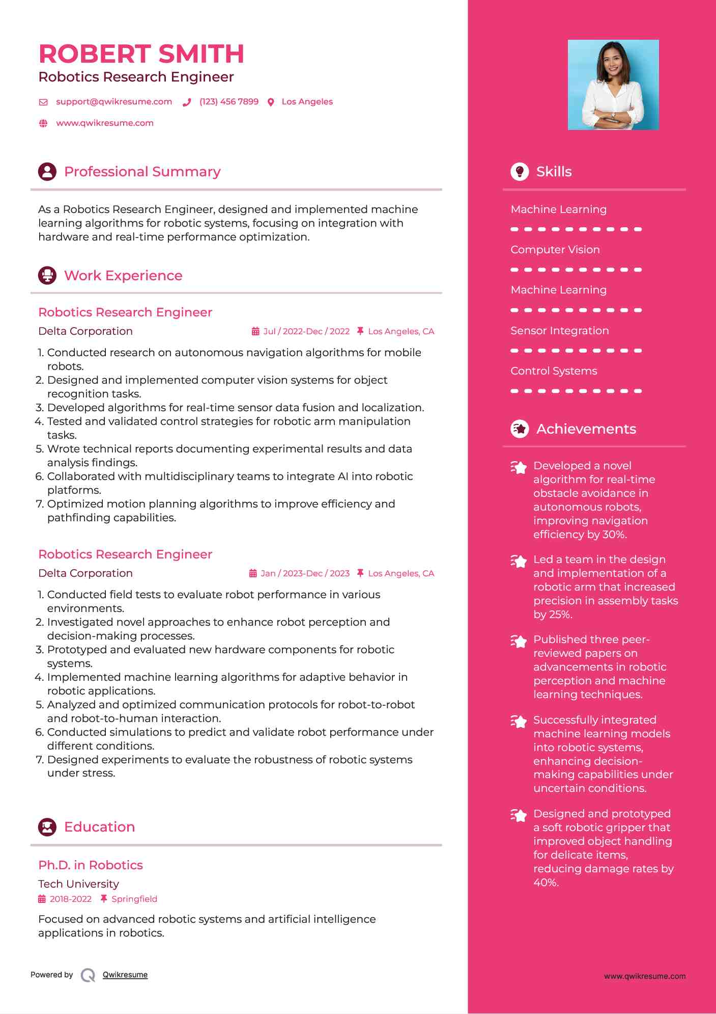 Robotics Research Engineer Resume Format