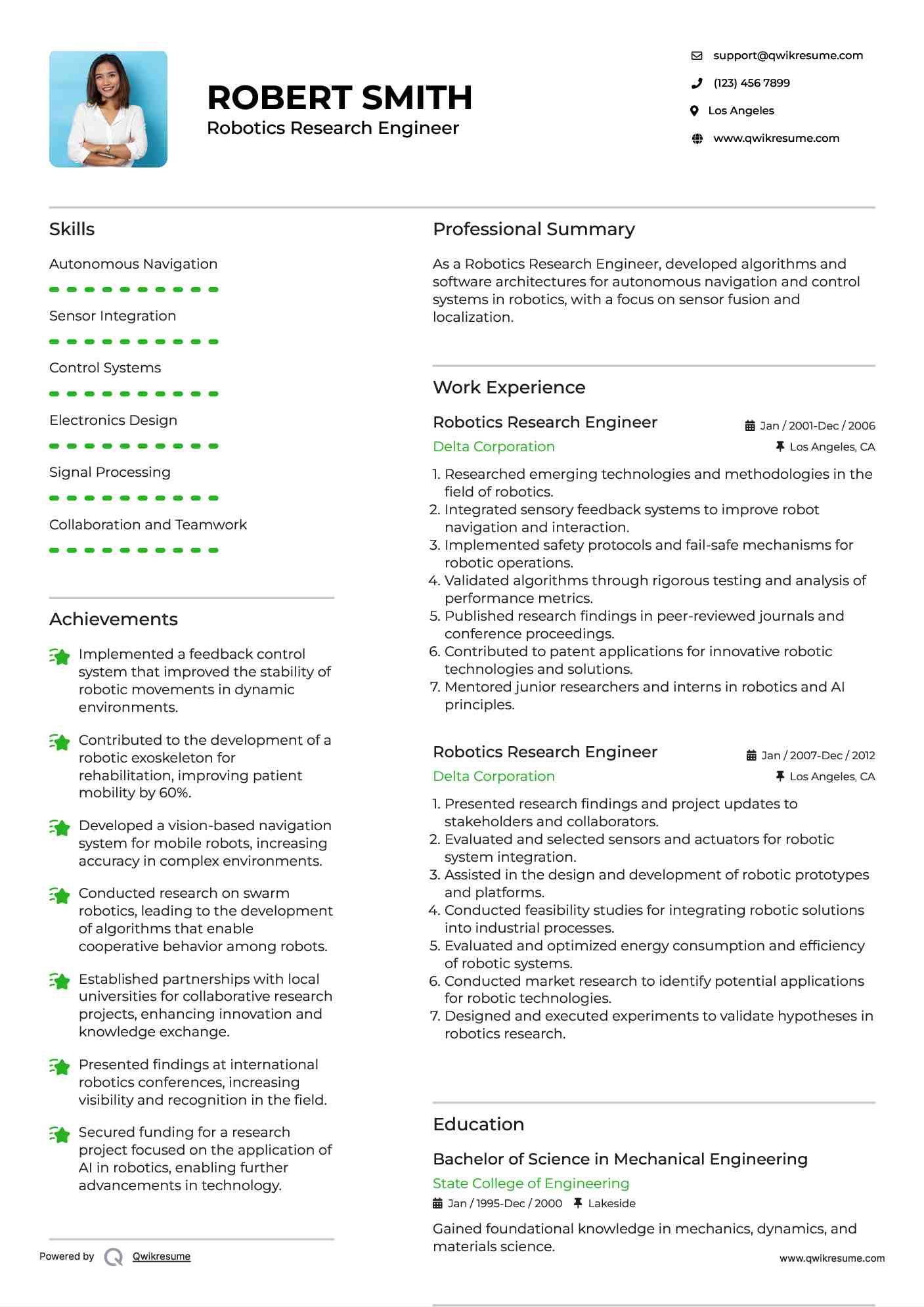 Robotics Research Engineer Resume Template