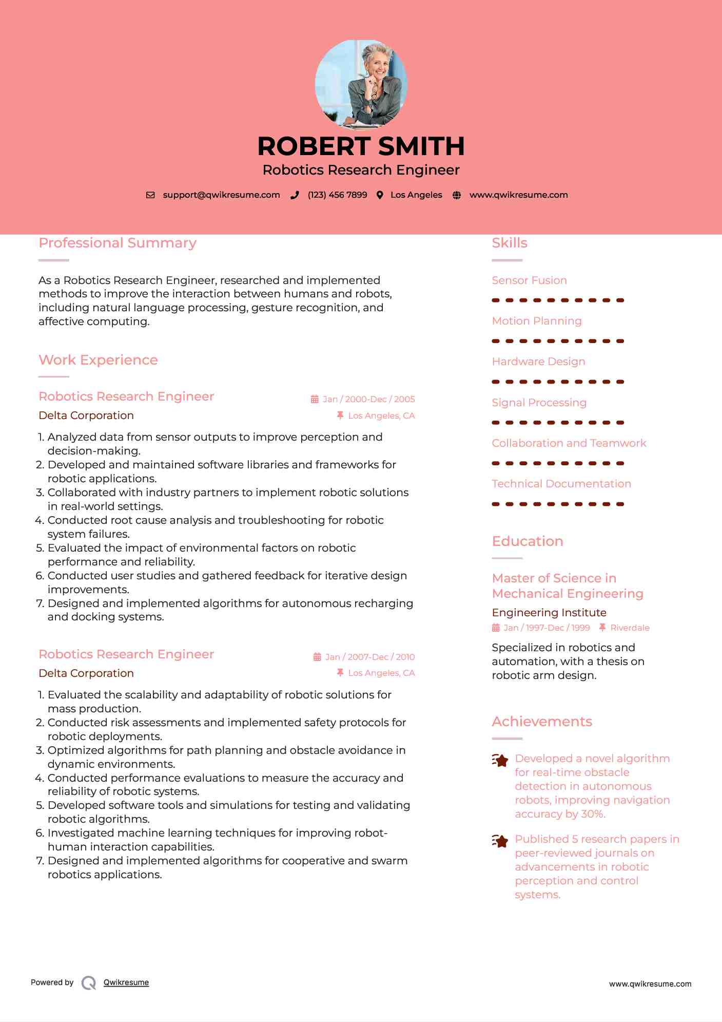 Robotics Research Engineer Resume Example