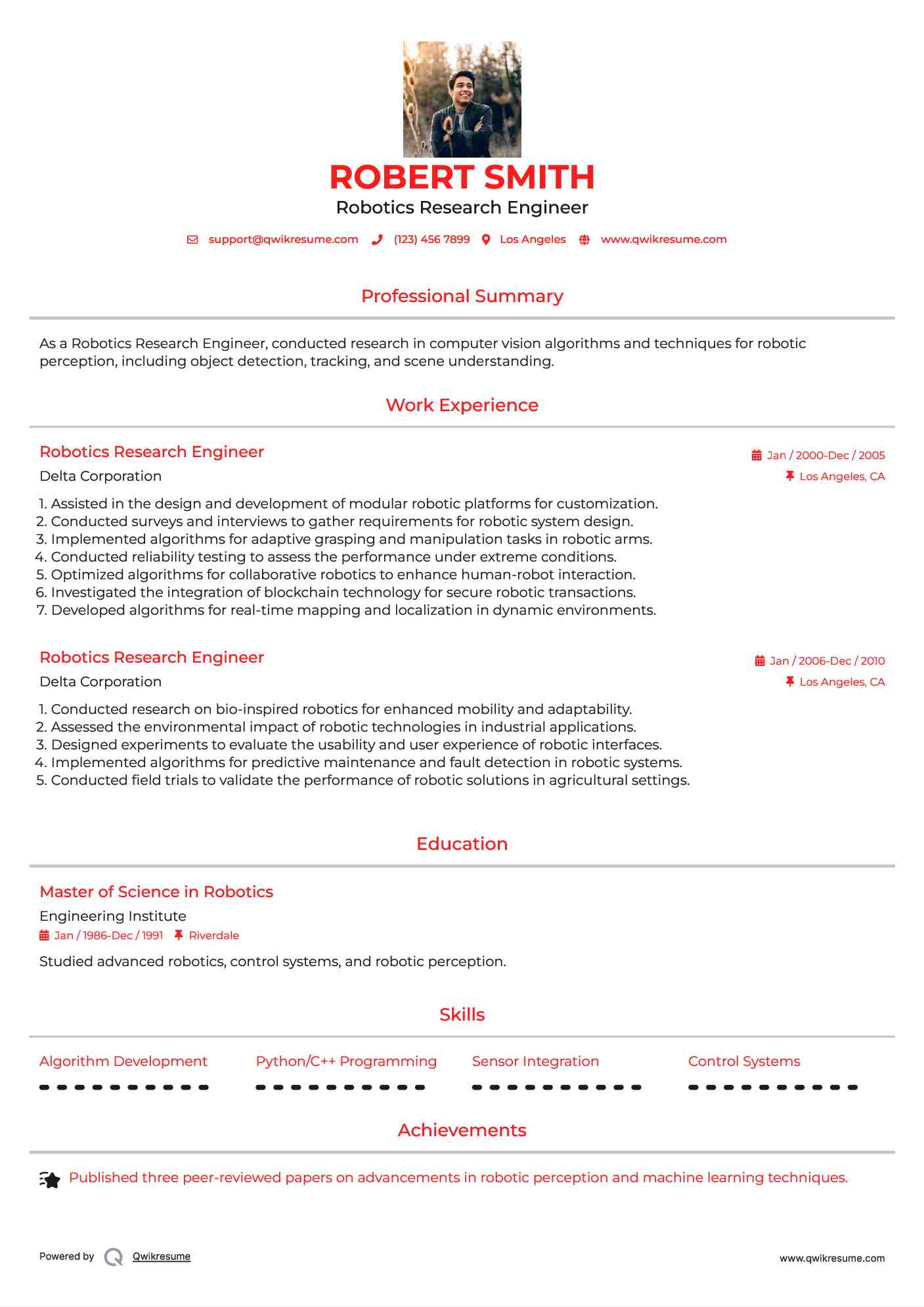 Robotics Research Engineer Resume Format
