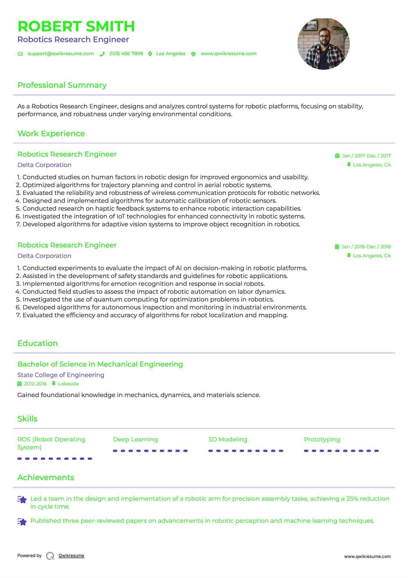 Robotics Research Engineer Resume Template
