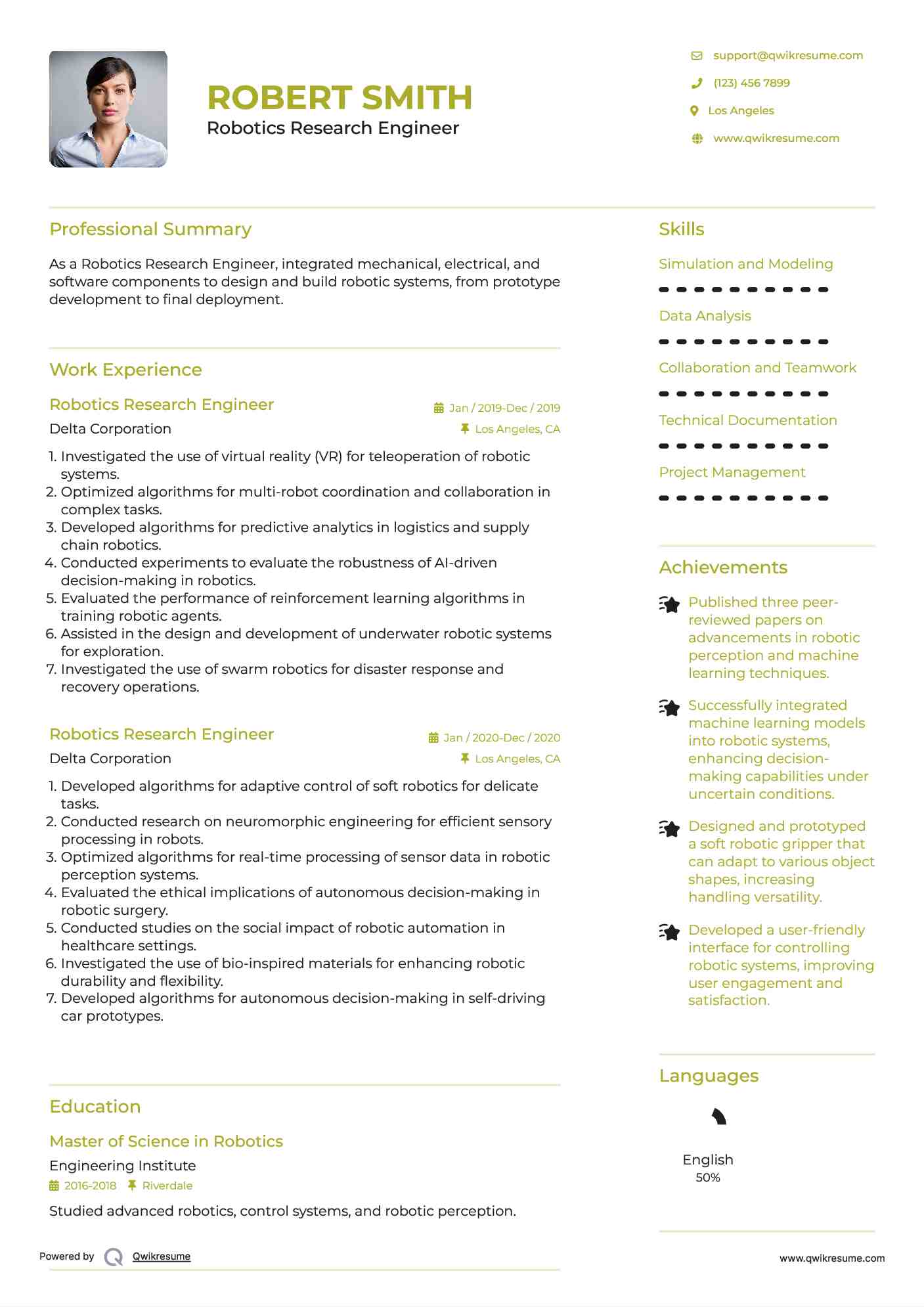 Robotics Research Engineer Resume Example