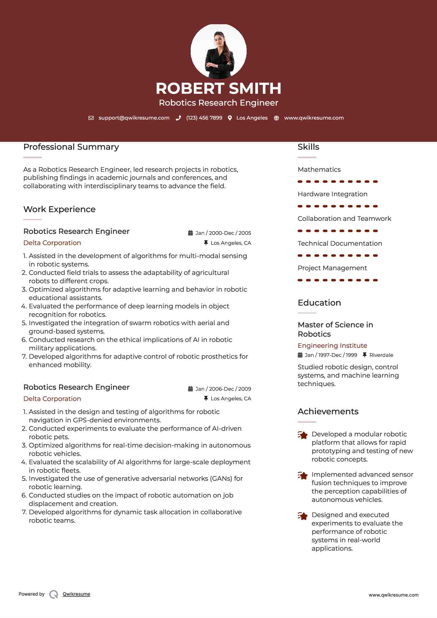 Robotics Research Engineer Resume Sample