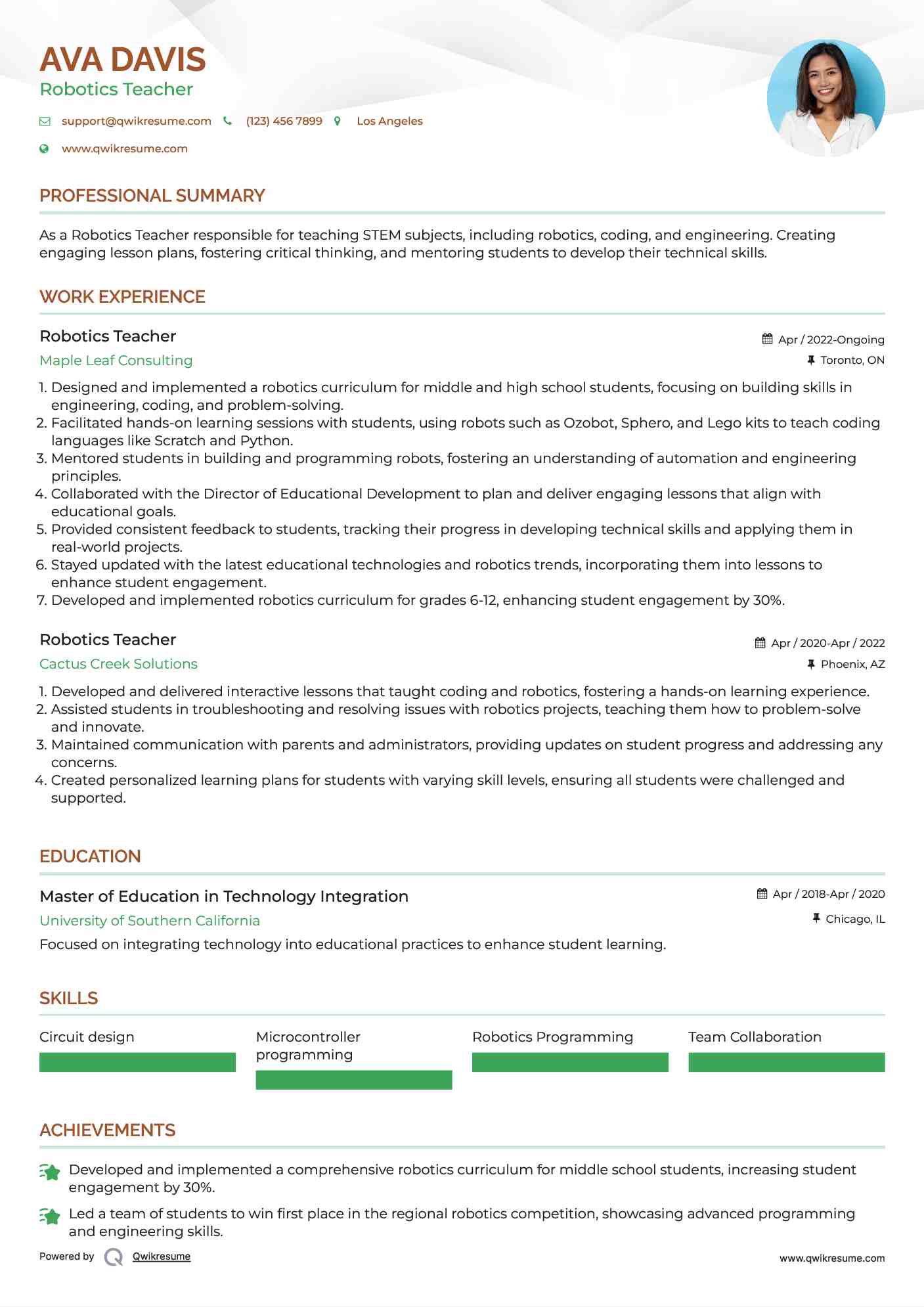 Robotics Teacher Resume Sample