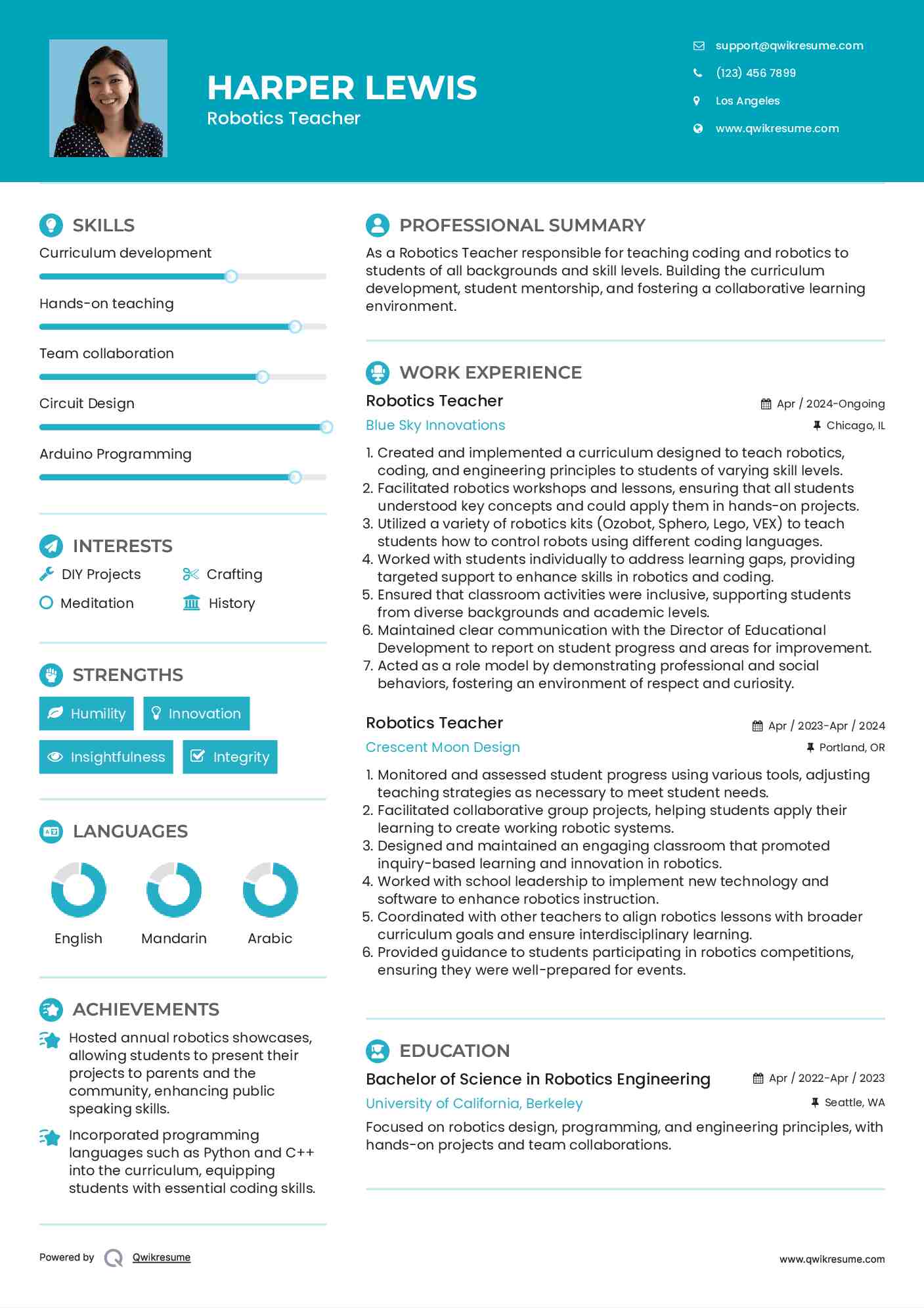 Robotics Teacher Resume Example