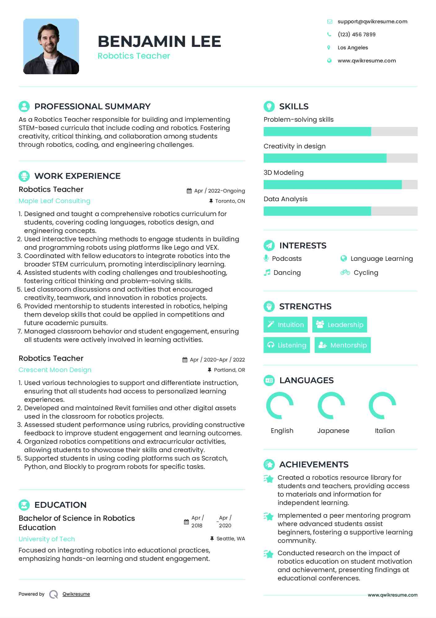 Robotics Teacher Resume Model