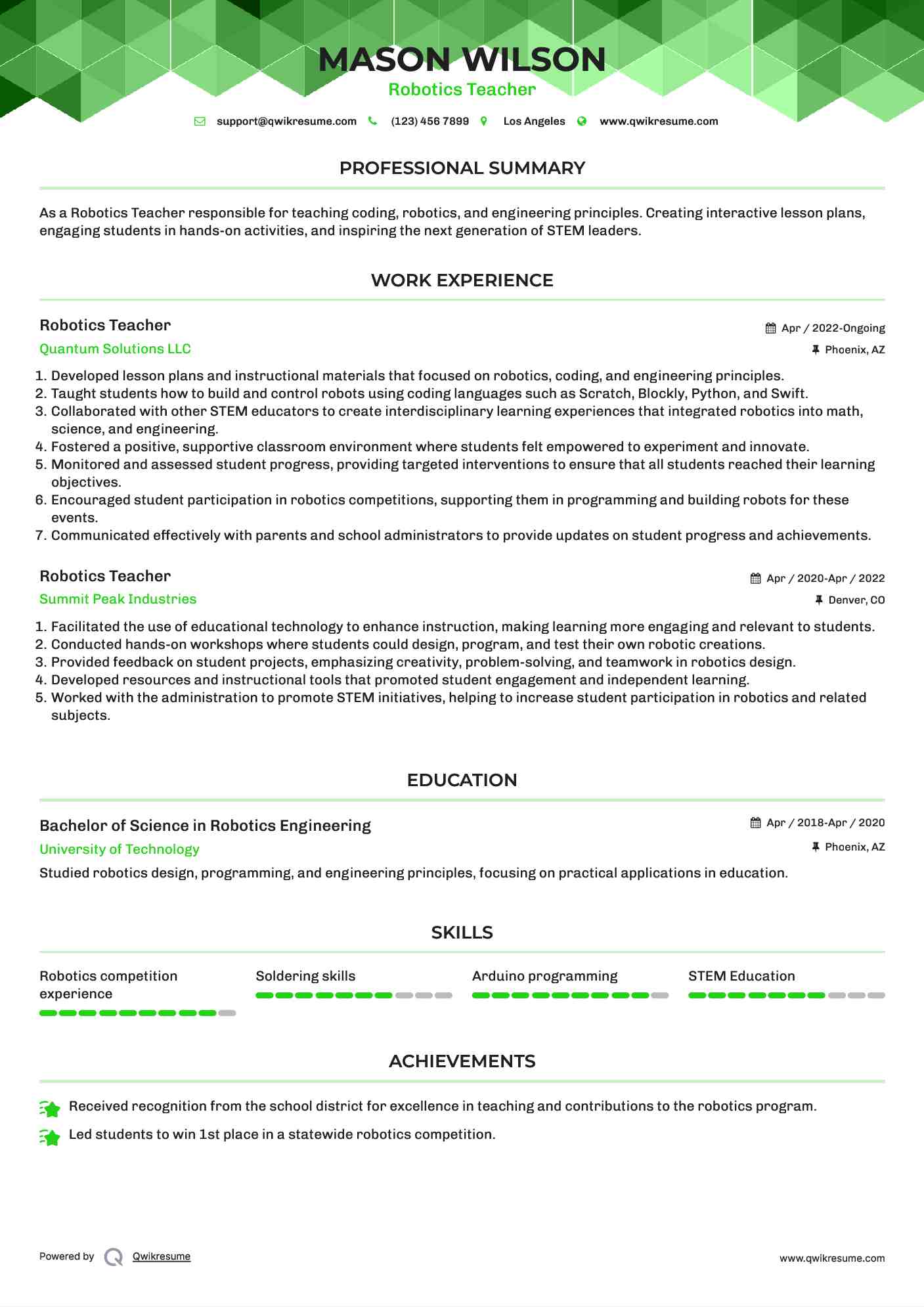 Robotics Teacher Resume Format