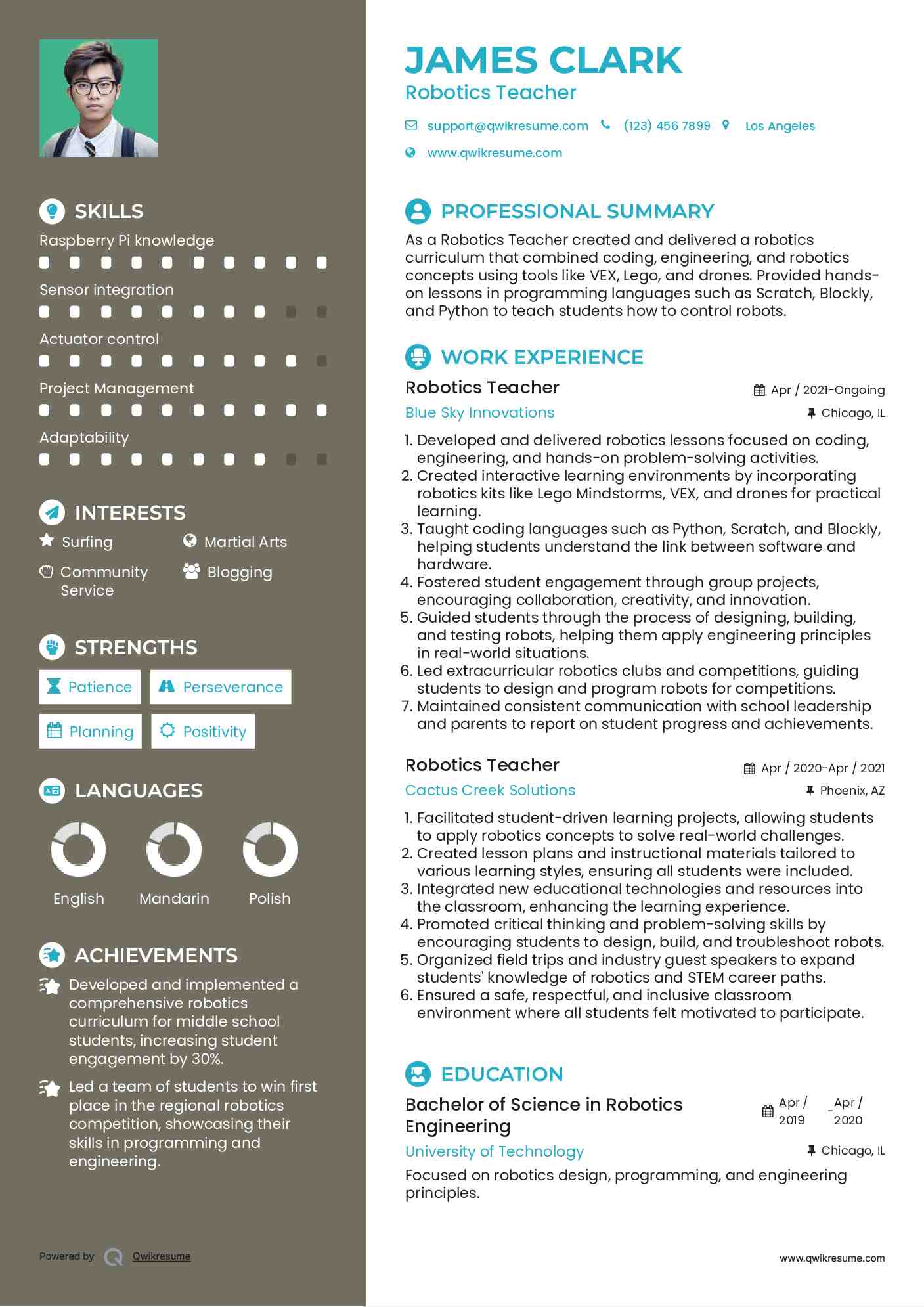 Robotics Teacher Resume Model