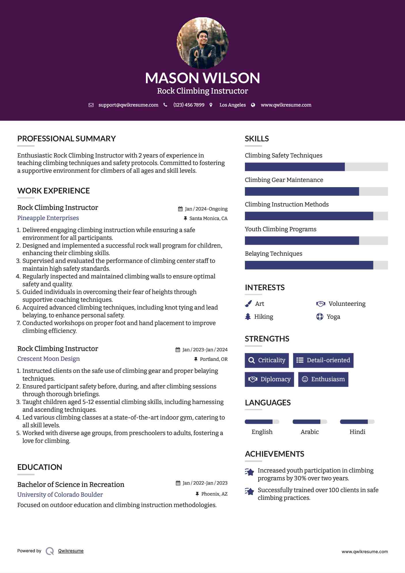 Rock Climbing Instructor Resume Format