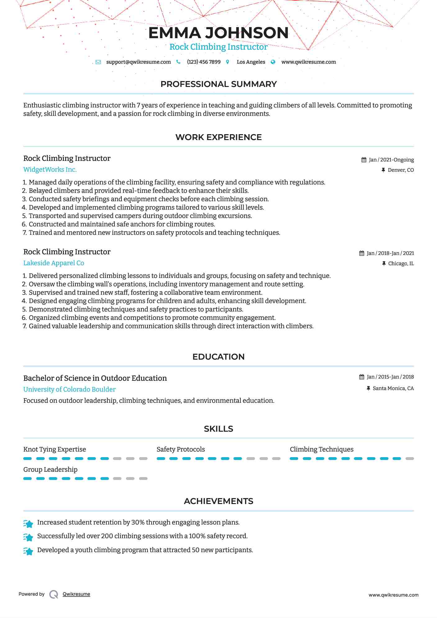 Rock Climbing Instructor Resume Example