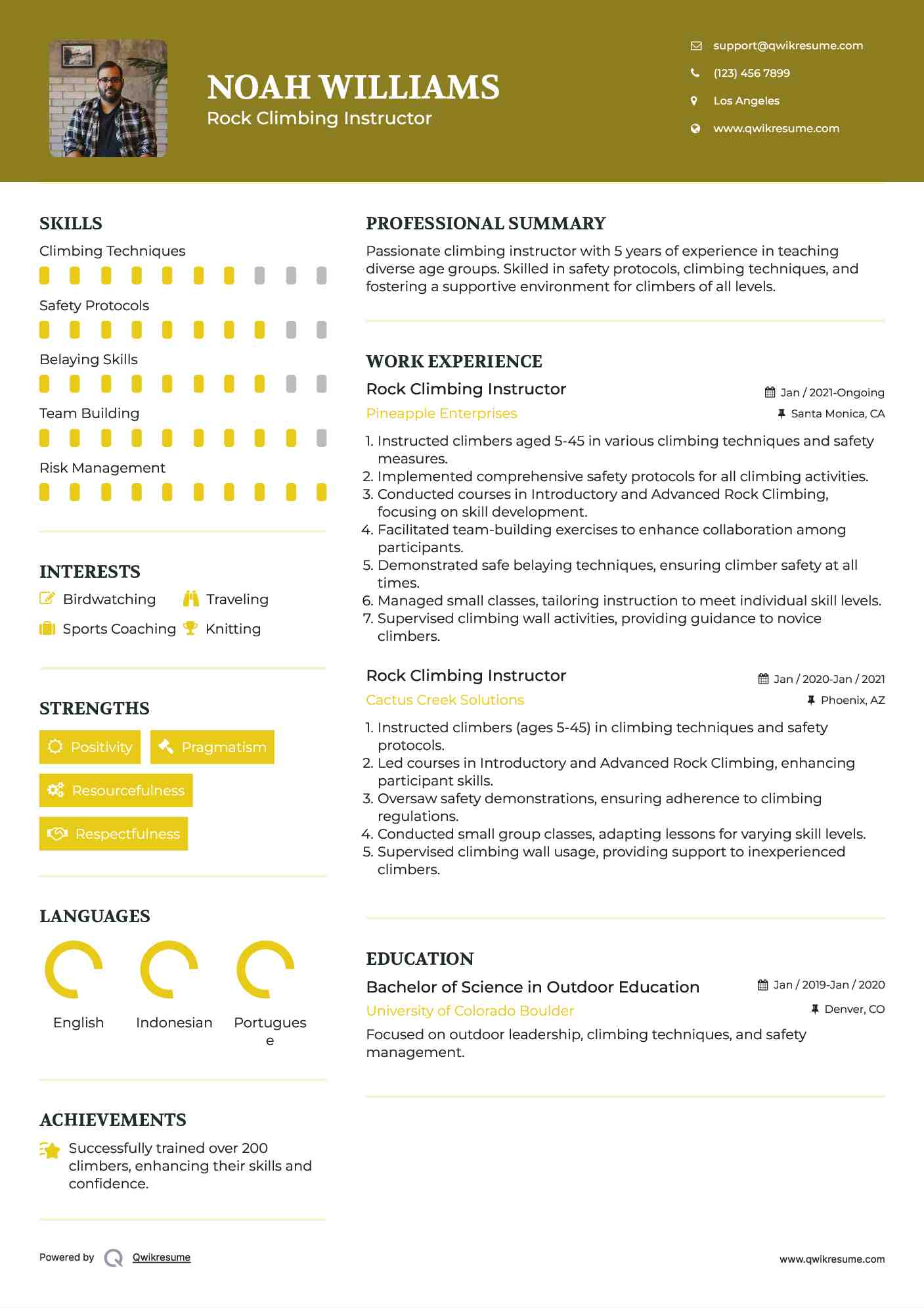 Rock Climbing Instructor Resume Sample