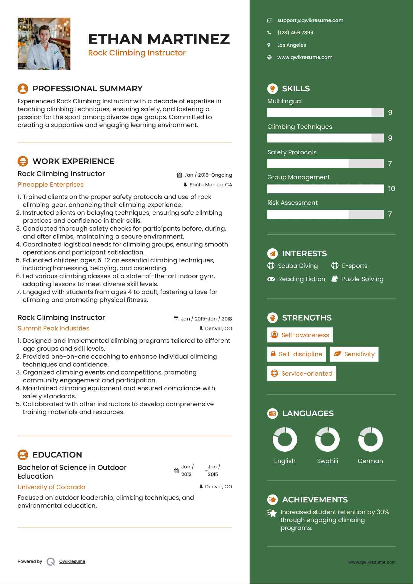 Rock Climbing Instructor Resume Format